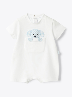 Seersucker romper with a puppy print - White | Il Gufo
