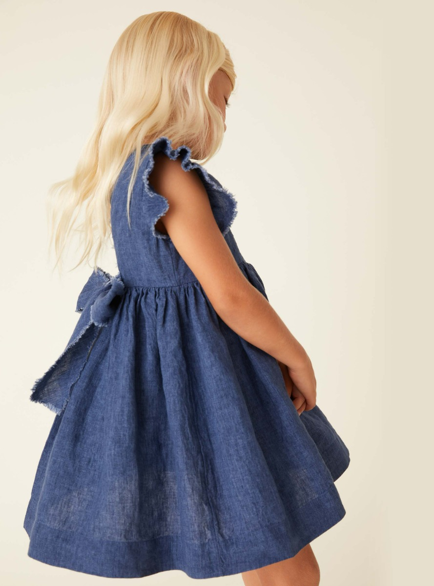 Dress in blue linen with bow - Blue | Il Gufo