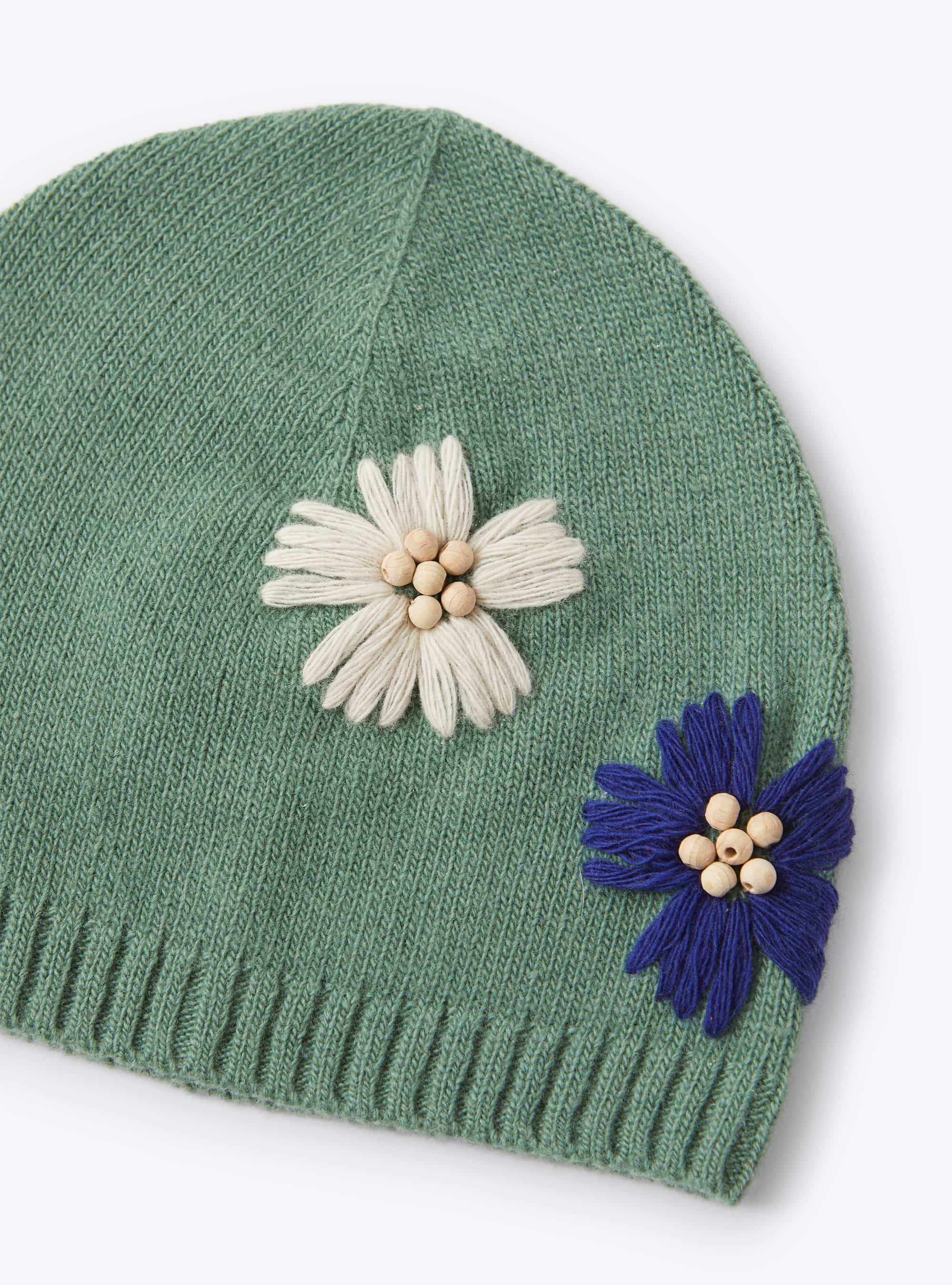 Bonnet en tricot avec fleurs brodées - Vert | Il Gufo