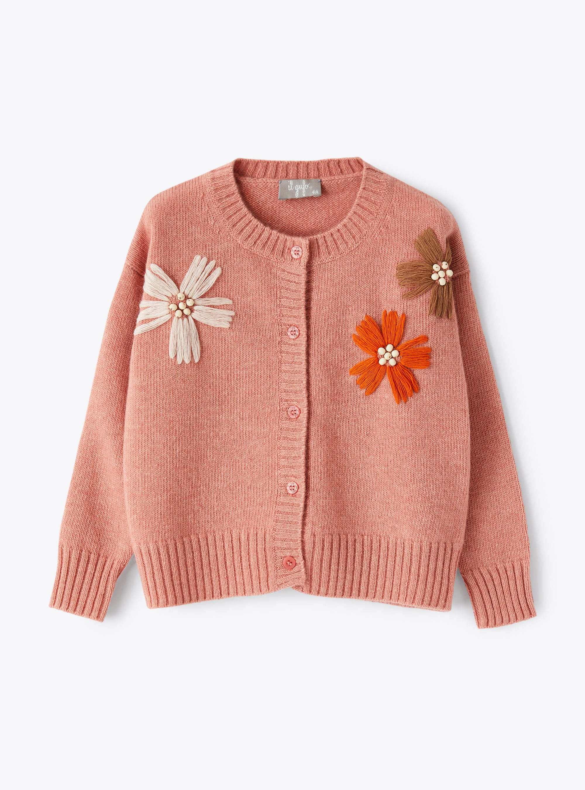 Pink wool cardigan with embroidered flowers - Sweaters - Il Gufo