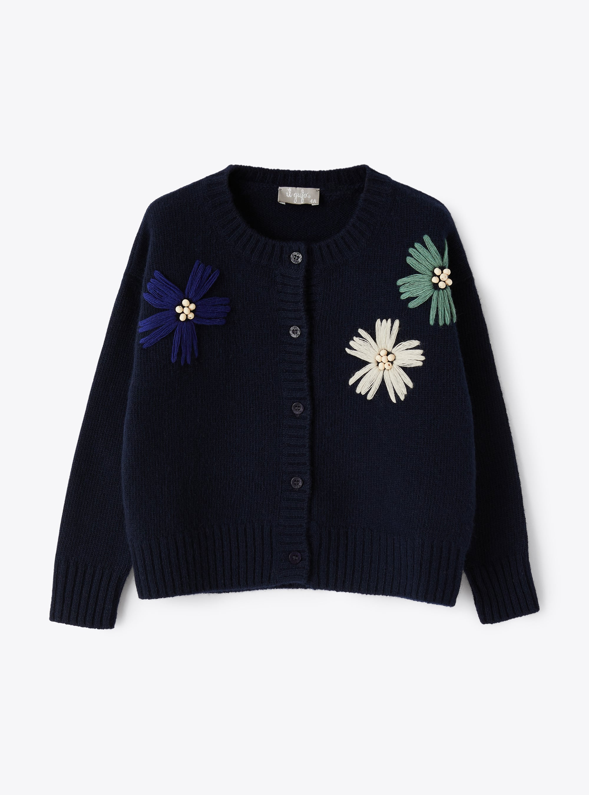 Navy wool cardigan with embroidered flowers - Blue | Il Gufo