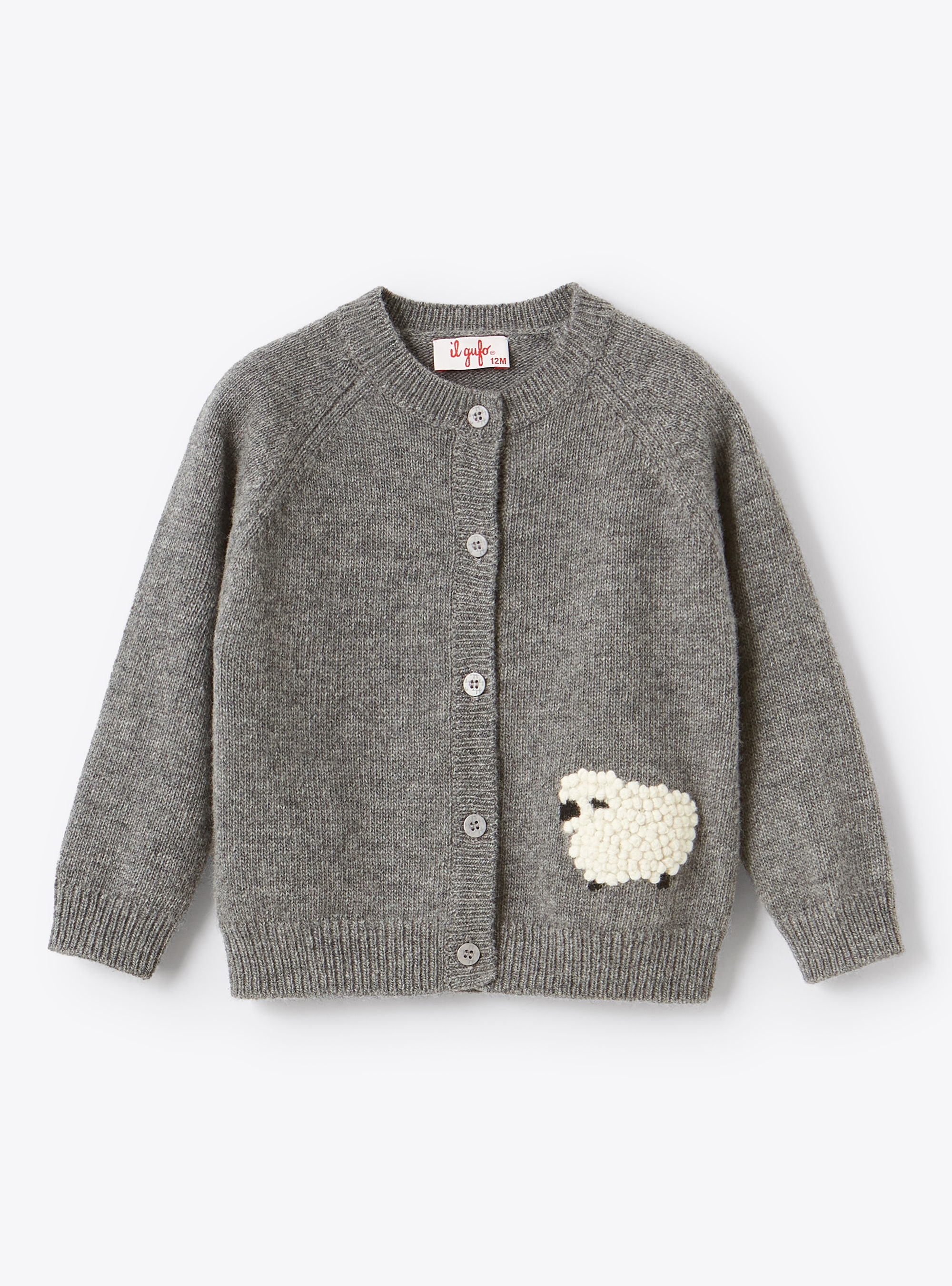 Merino wool cardigan with sheep detail - Grey | Il Gufo