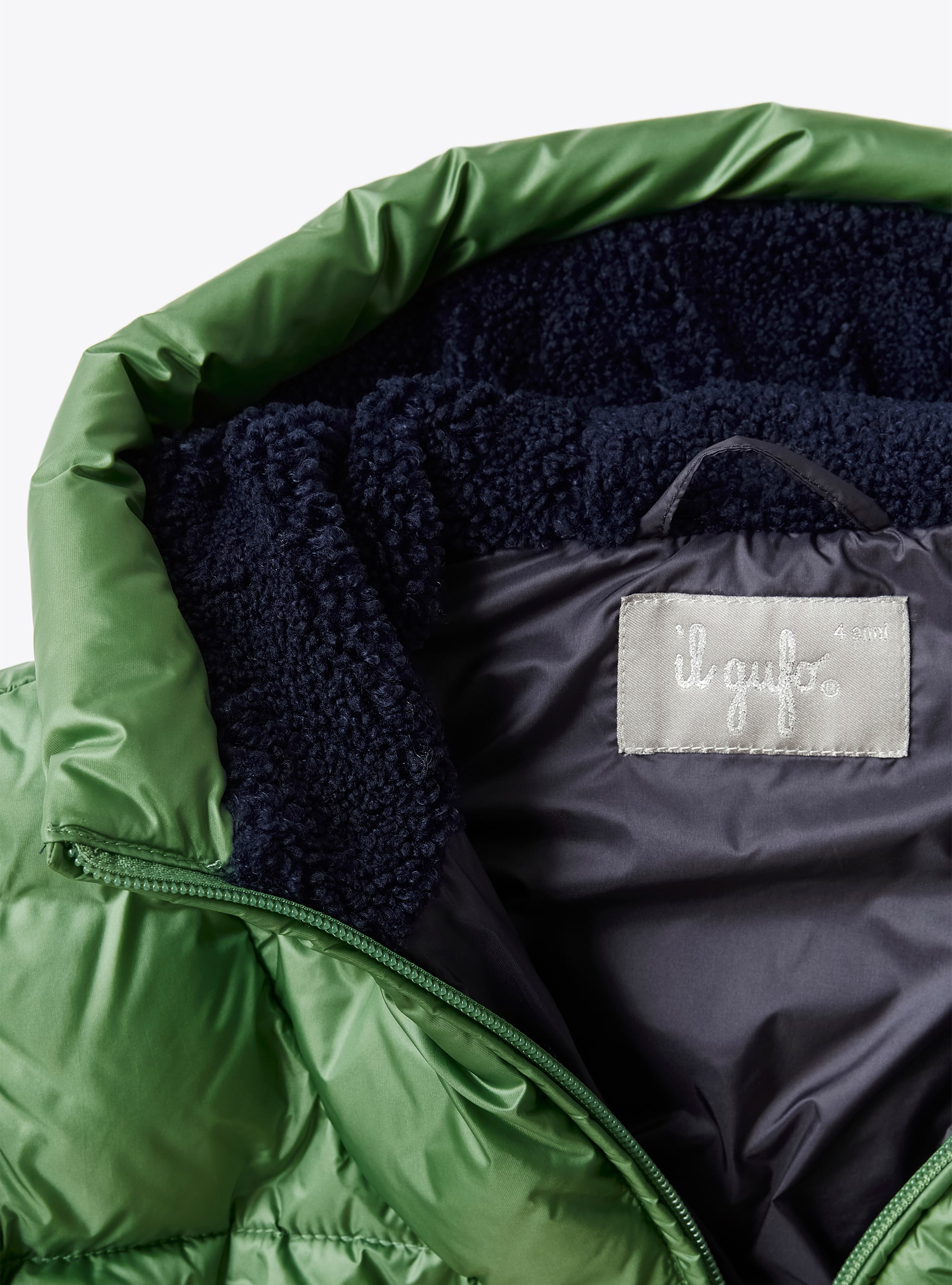 Grüne Daunenjacke mit Kapuze aus Teddyplüsch - Grün | Il Gufo