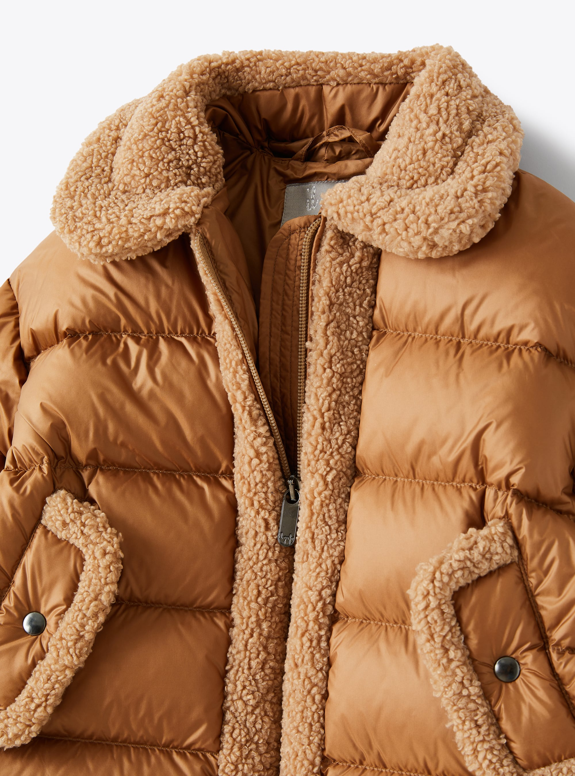 Short down jacket with teddy fleece inserts - Brown | Il Gufo