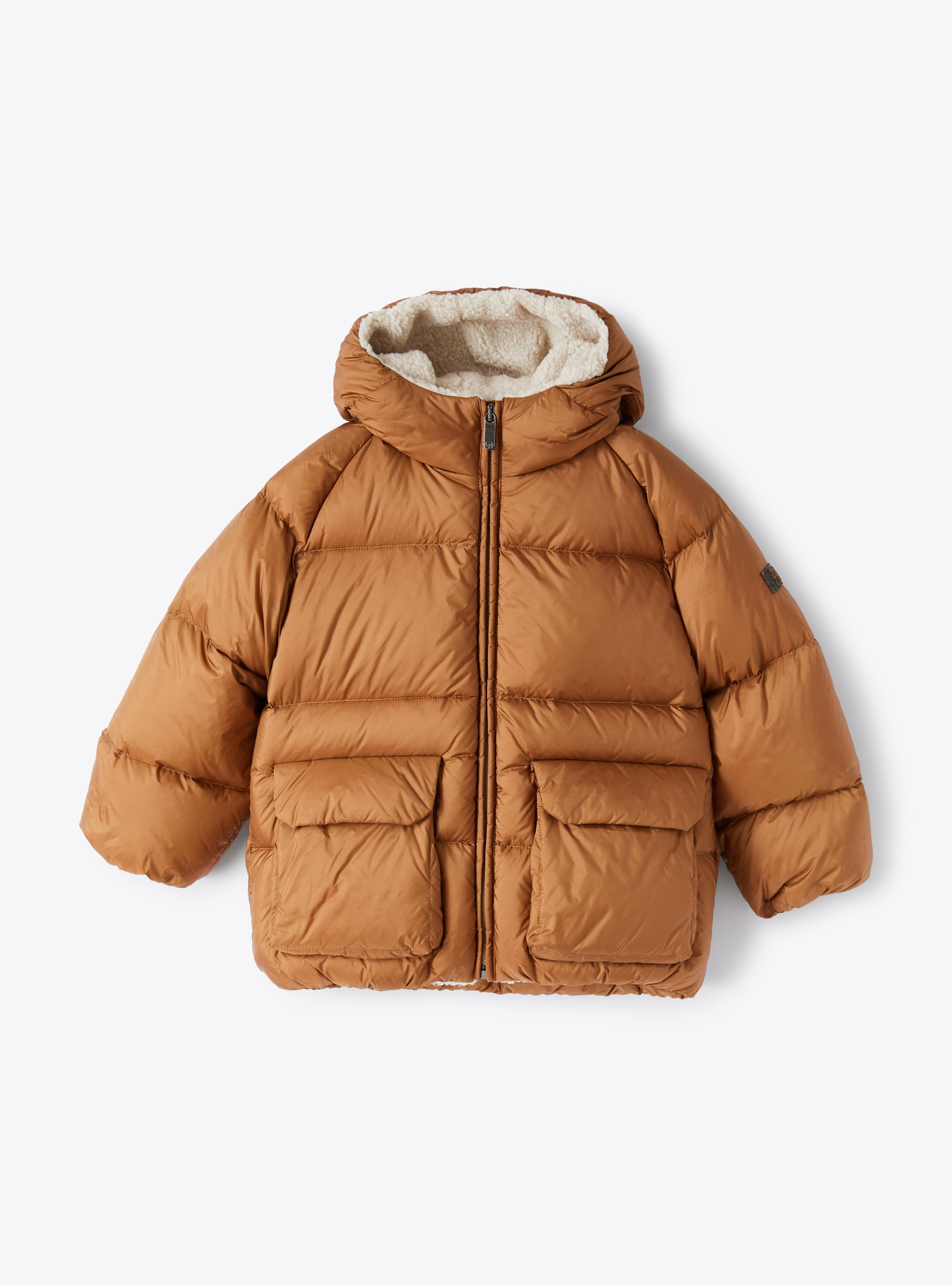 Short beige down jacket with teddy fleece details - Brown | Il Gufo