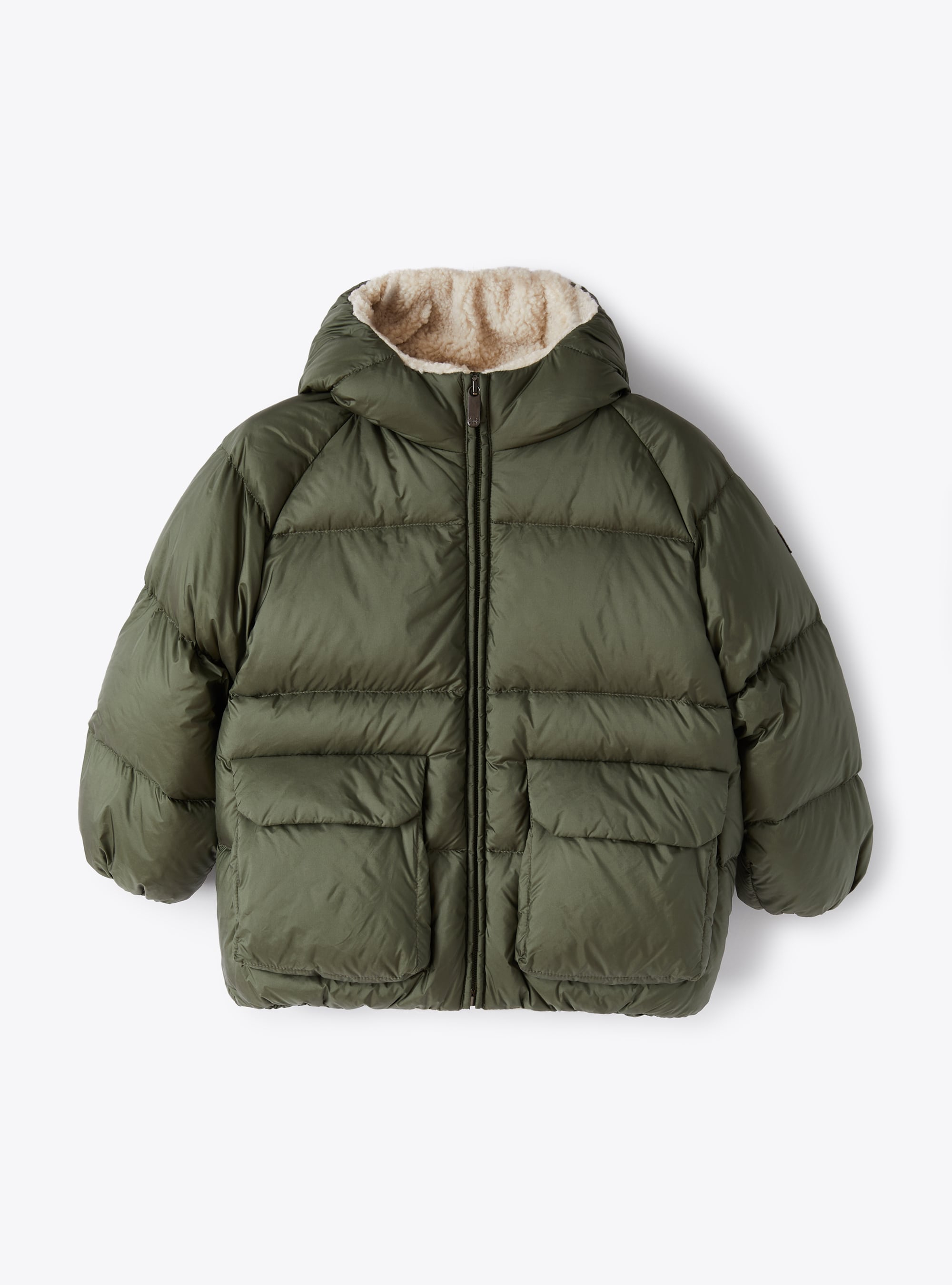 Short green down jacket with teddy fleece details - Down Jackets - Il Gufo