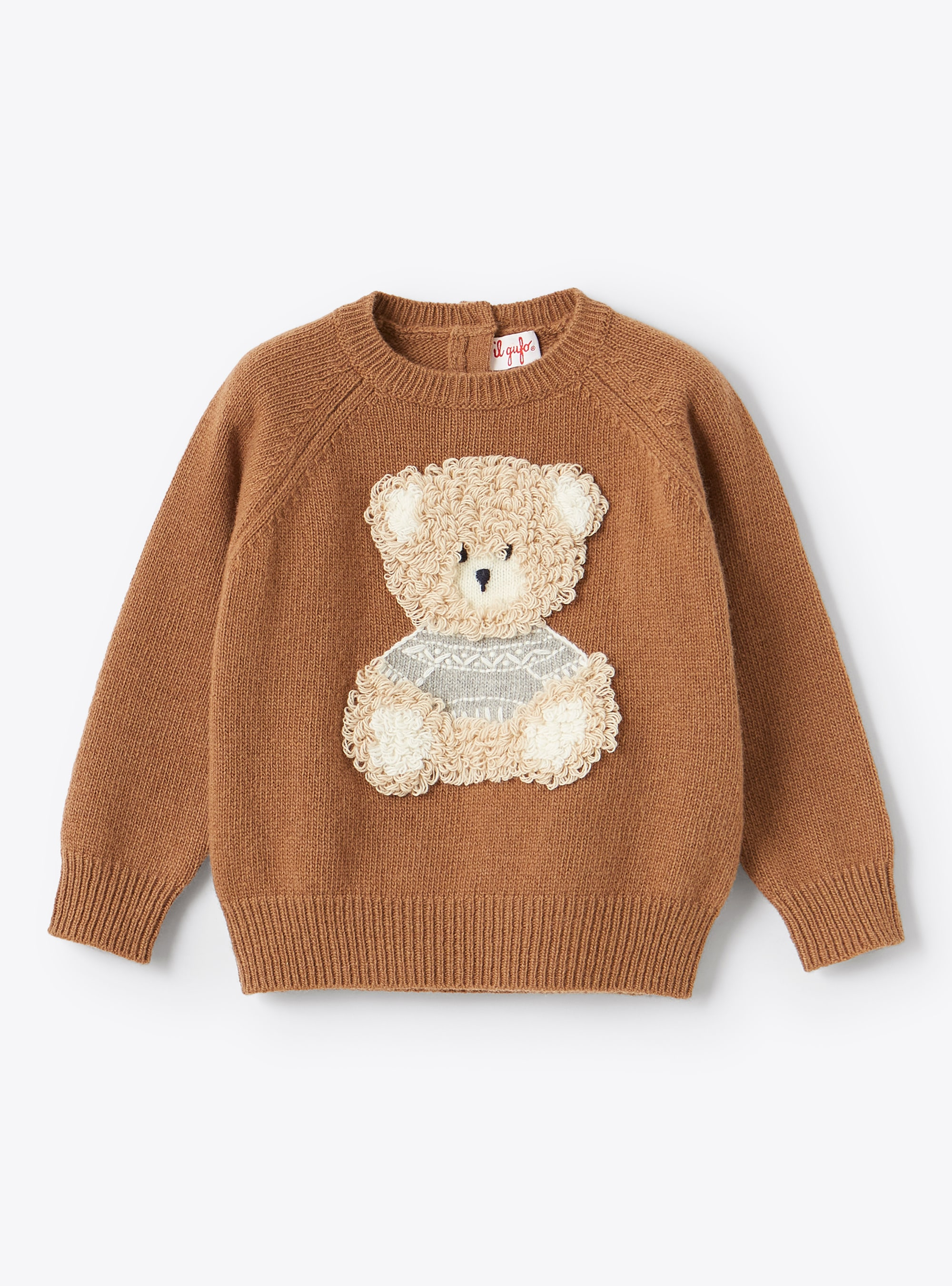 Brown wool sweater with teddy bear - Sweaters - Il Gufo