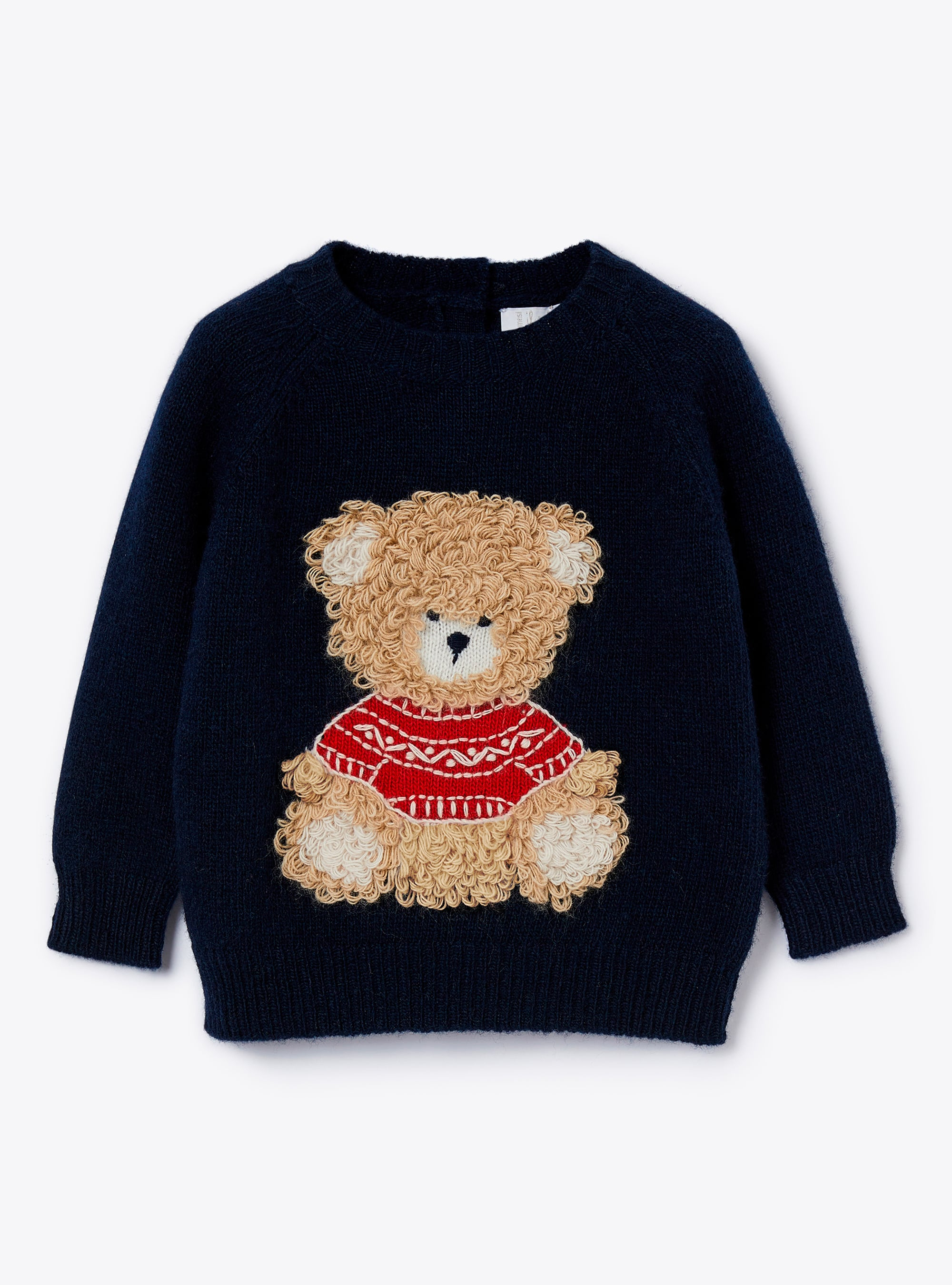 Navy wool sweater with teddy bear - Blue | Il Gufo