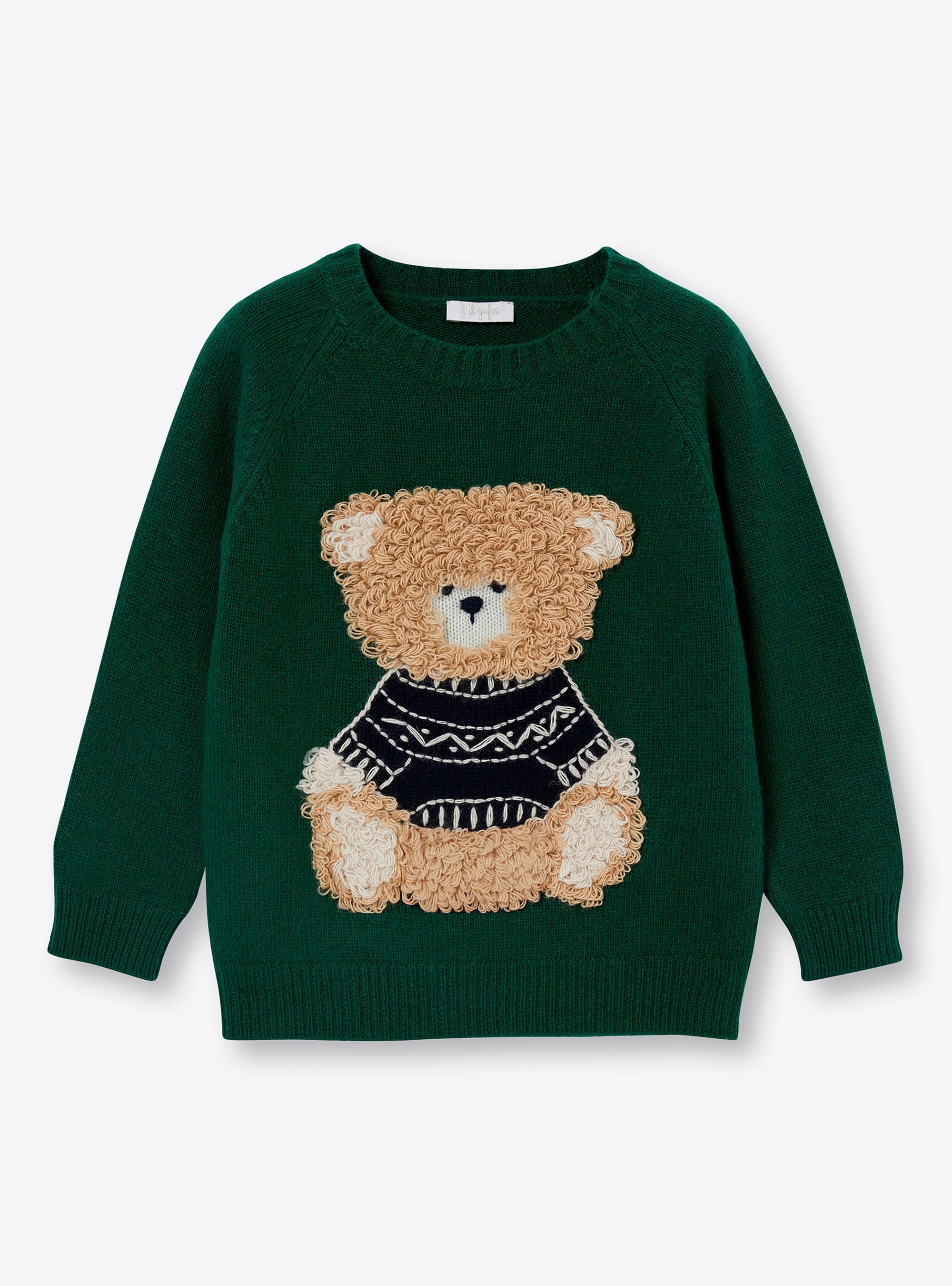 Green wool sweater with teddy bear - Sweaters - Il Gufo