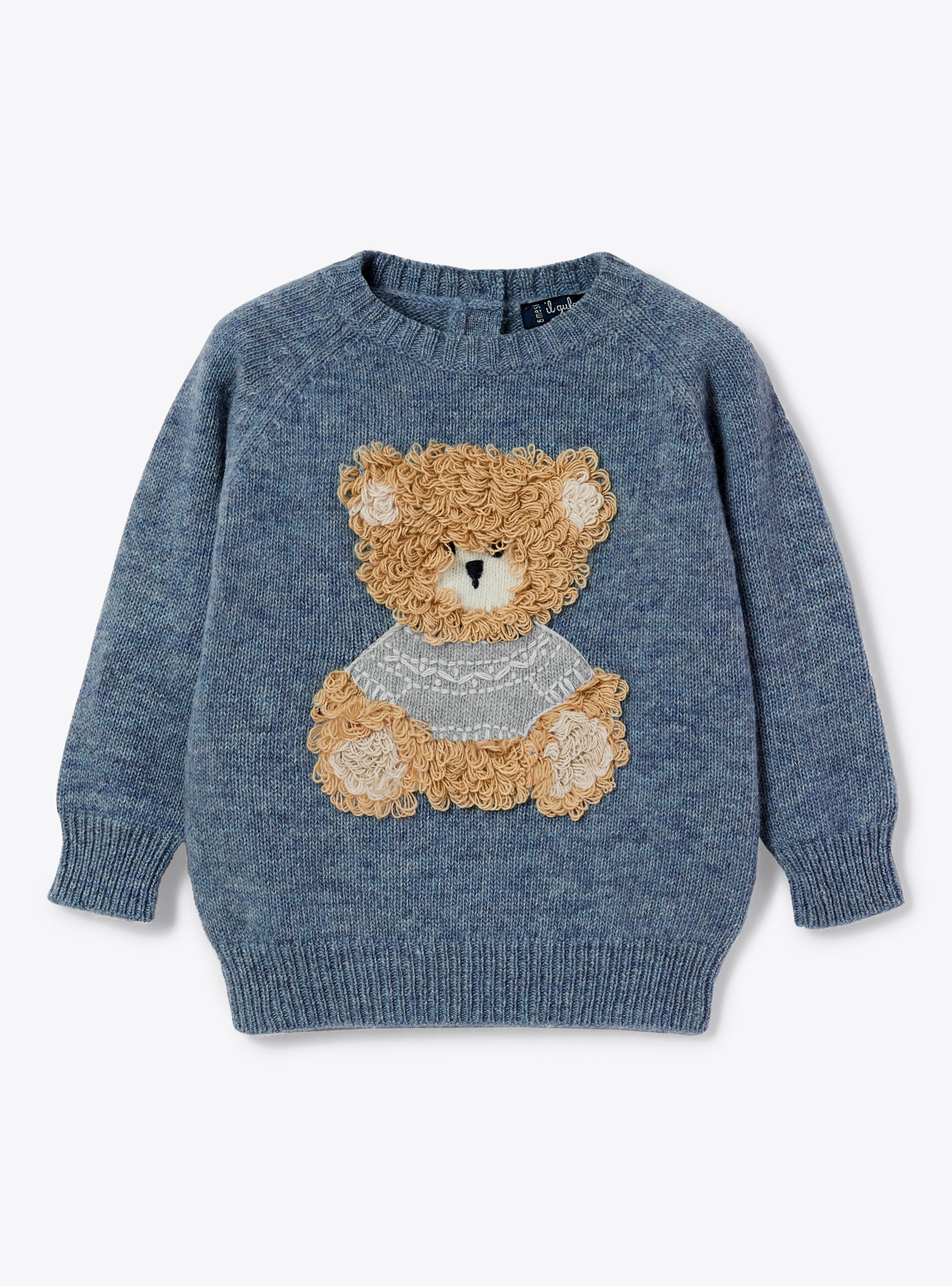 Light blue wool sweater with teddy bear - Sweaters - Il Gufo
