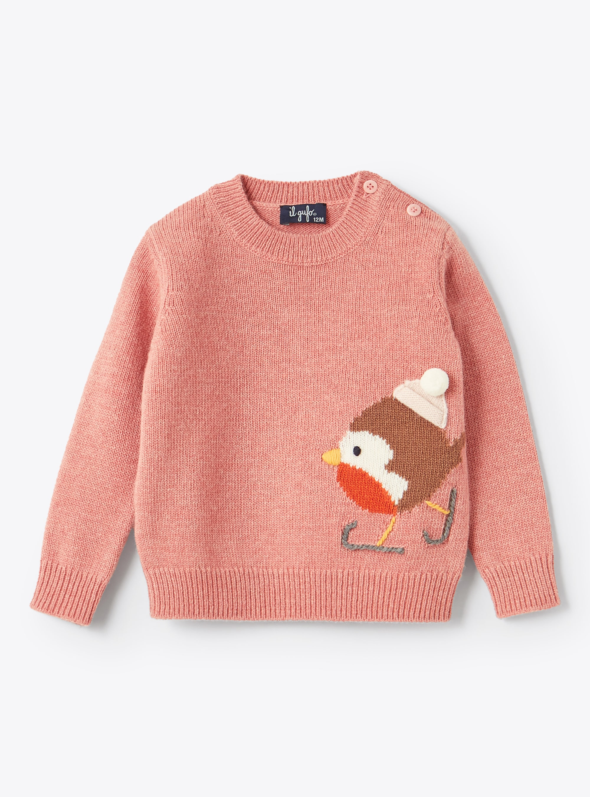 Christmas robin wool sweater - Pink | Il Gufo