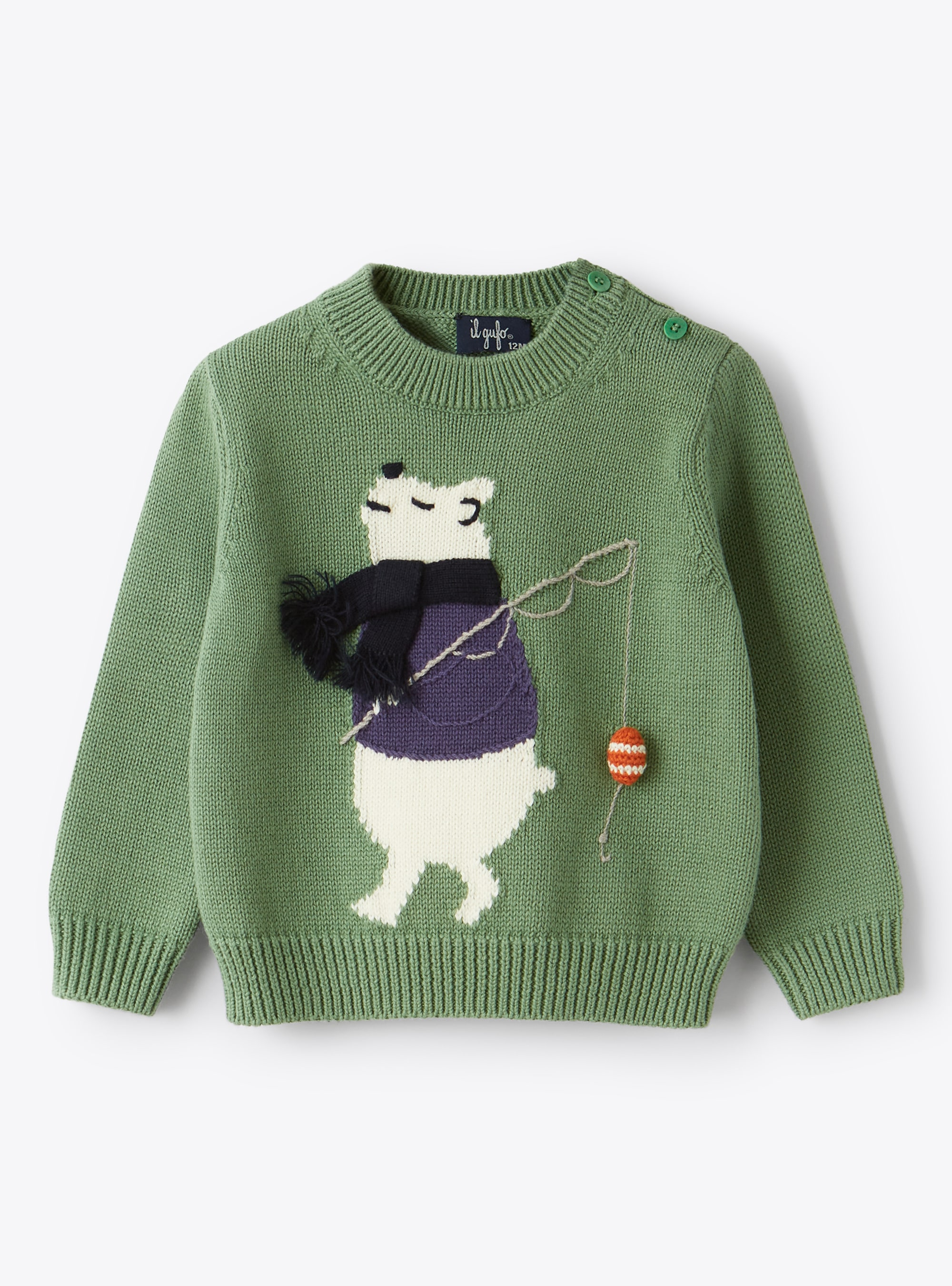 Bear motif green cotton sweater - Sweaters - Il Gufo