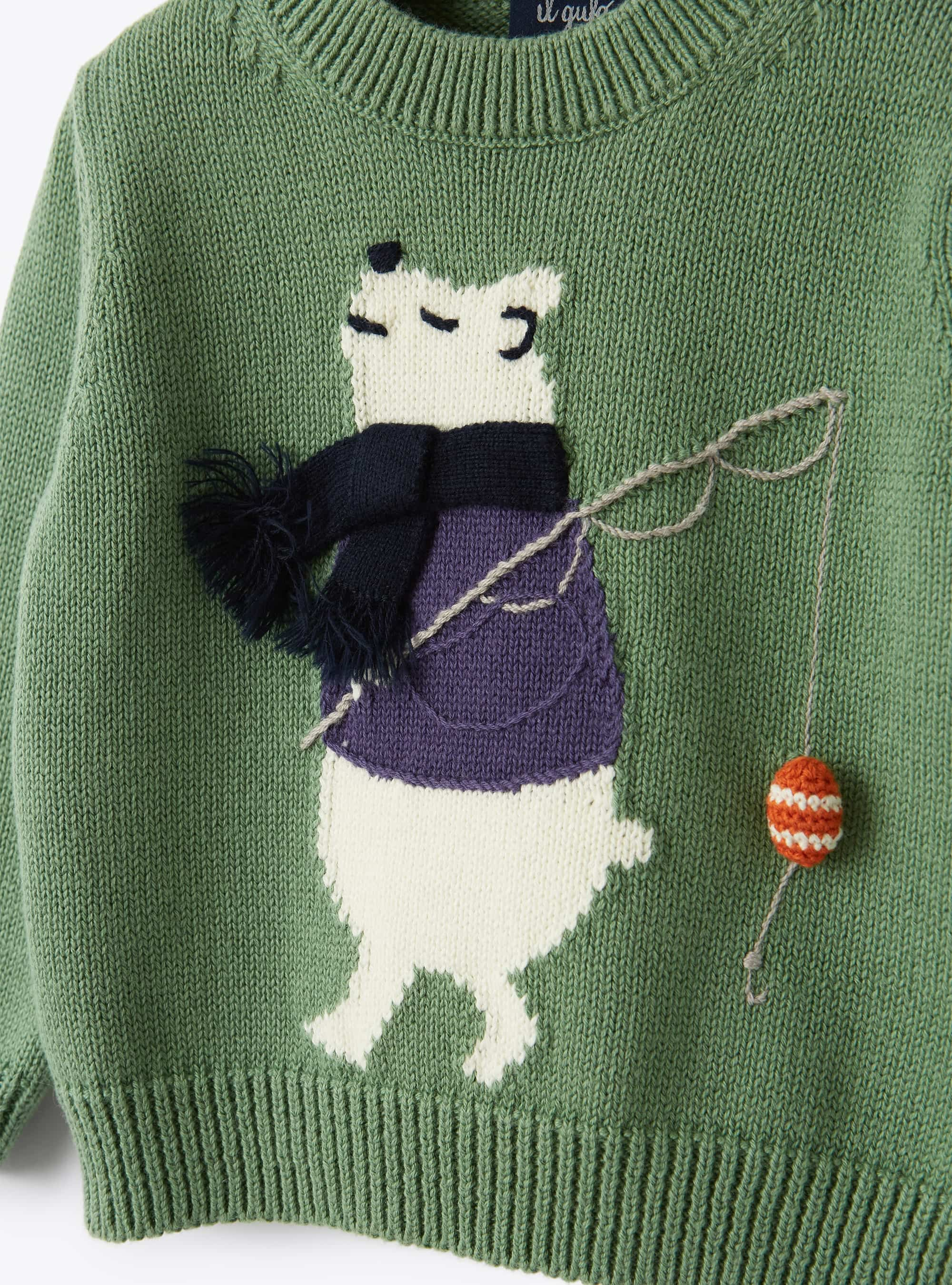 Bear motif green cotton sweater - Green | Il Gufo