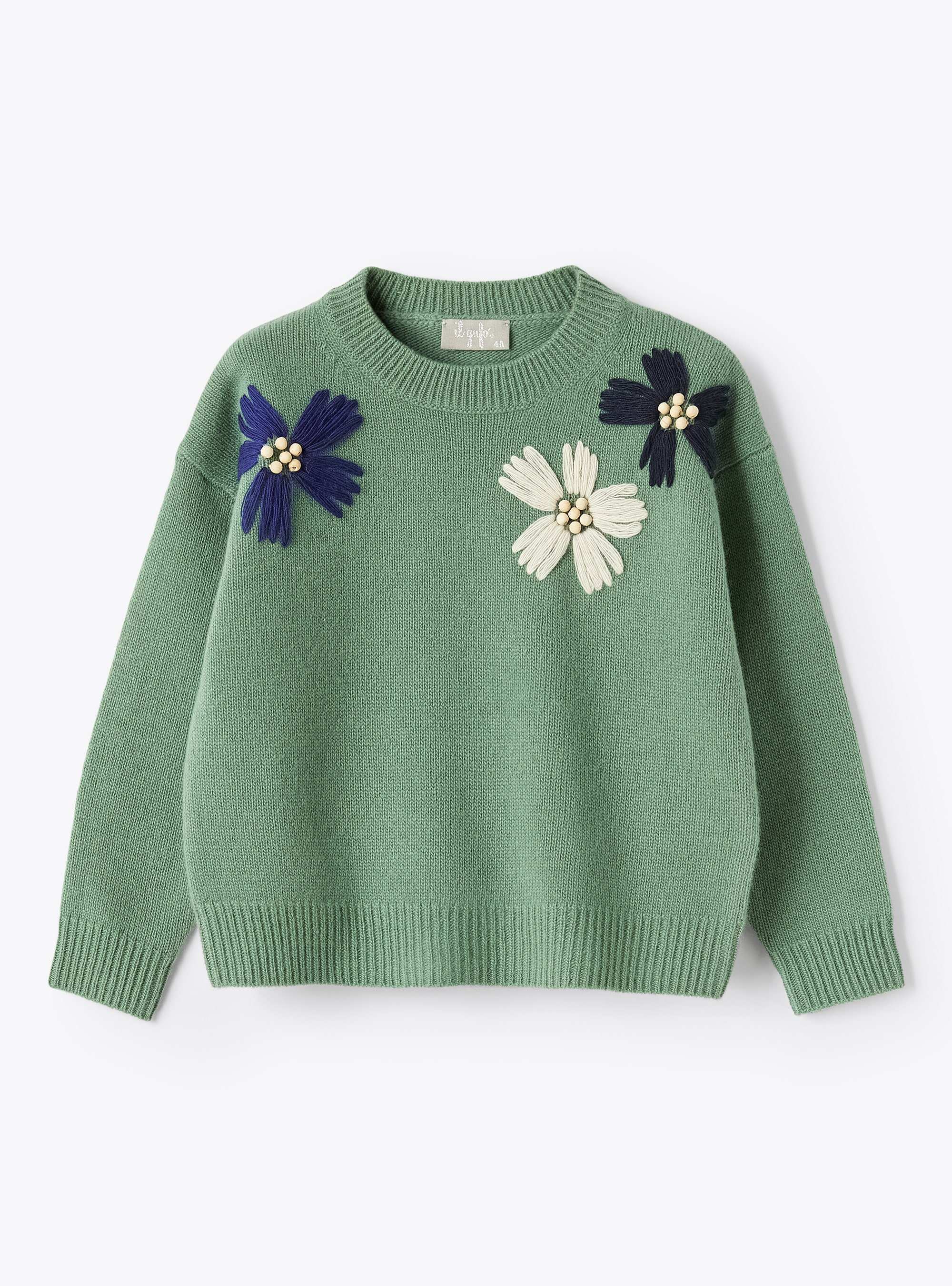 Pullover mit grünen aufgestickten Blumen - Pullover - Il Gufo