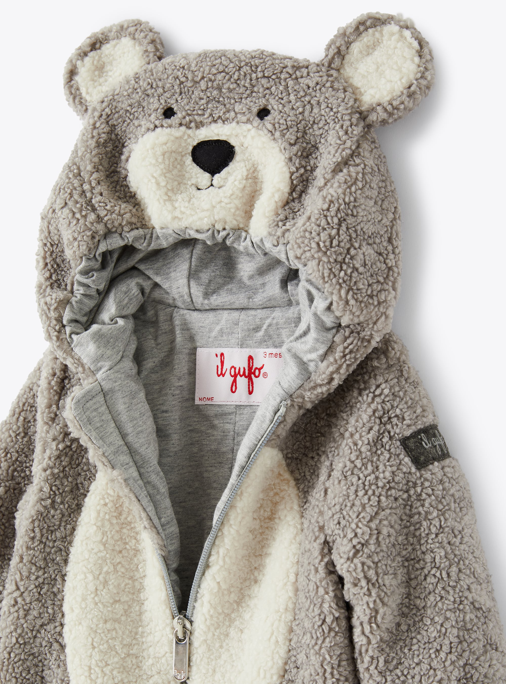 Teddy bear baby snowsuit in grey teddy fleece - Grey | Il Gufo