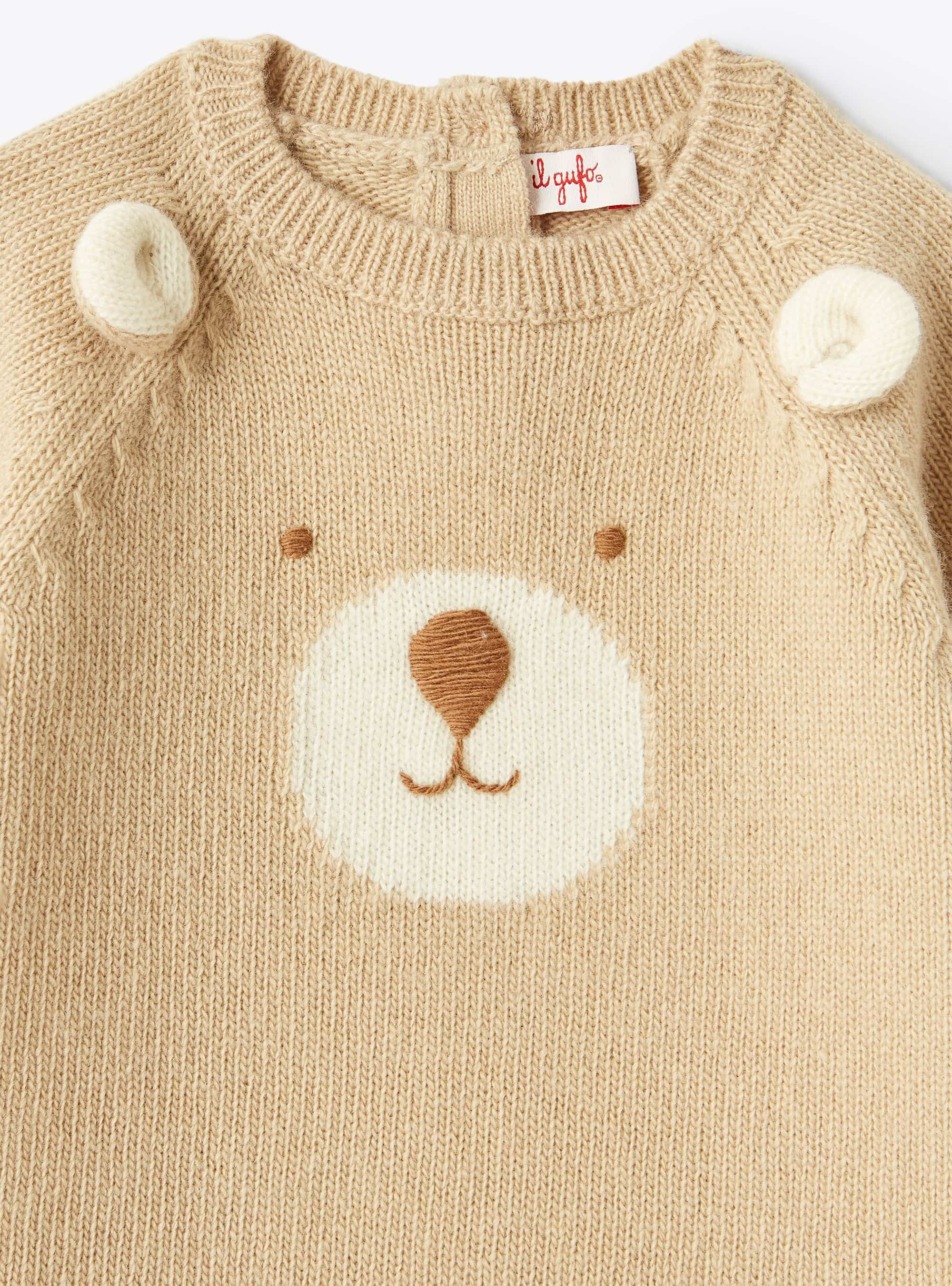 Teddy bear face wool playsuit - Beige | Il Gufo