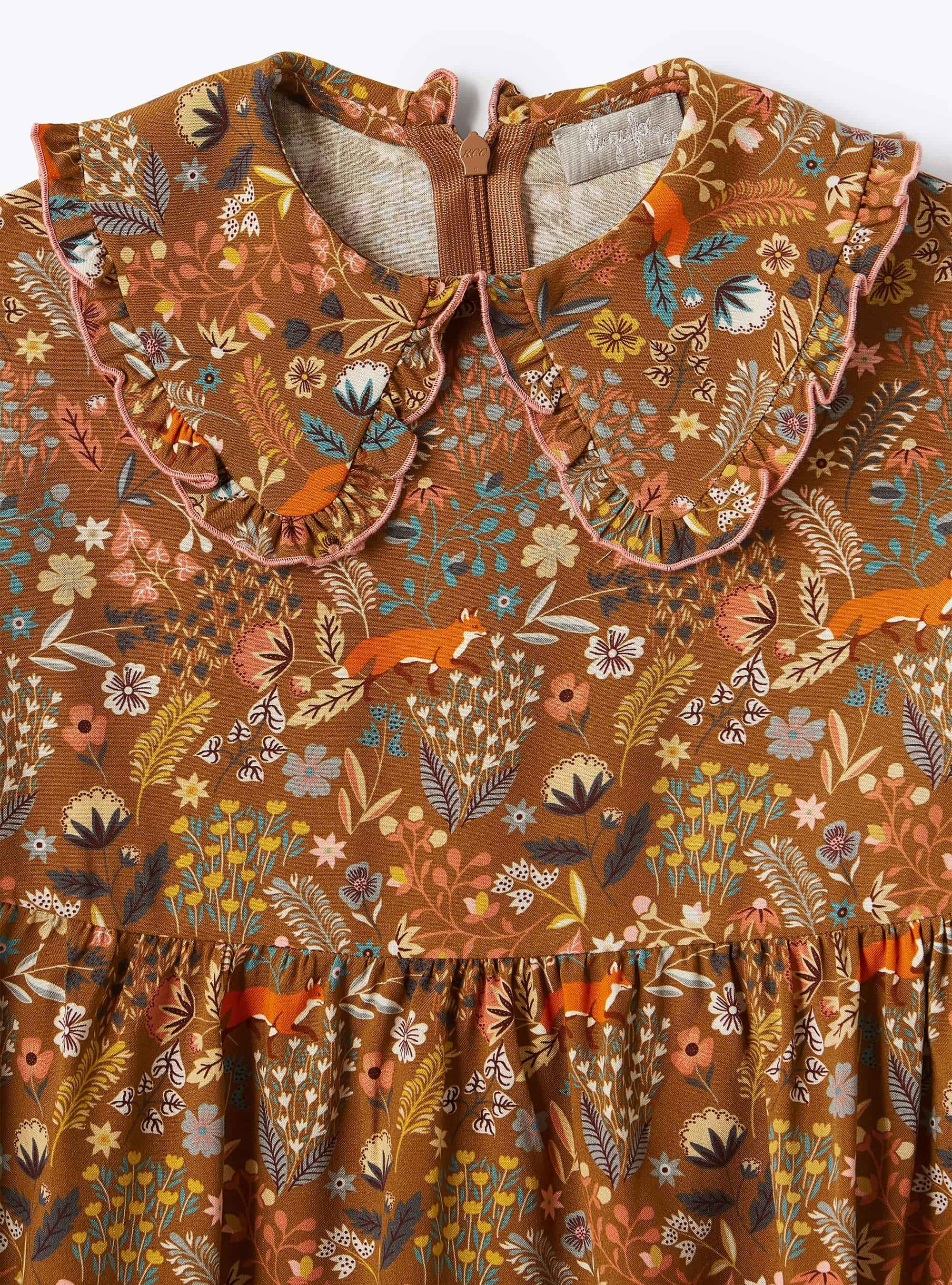 Fox patterned dress with maxi collar - Brown | Il Gufo