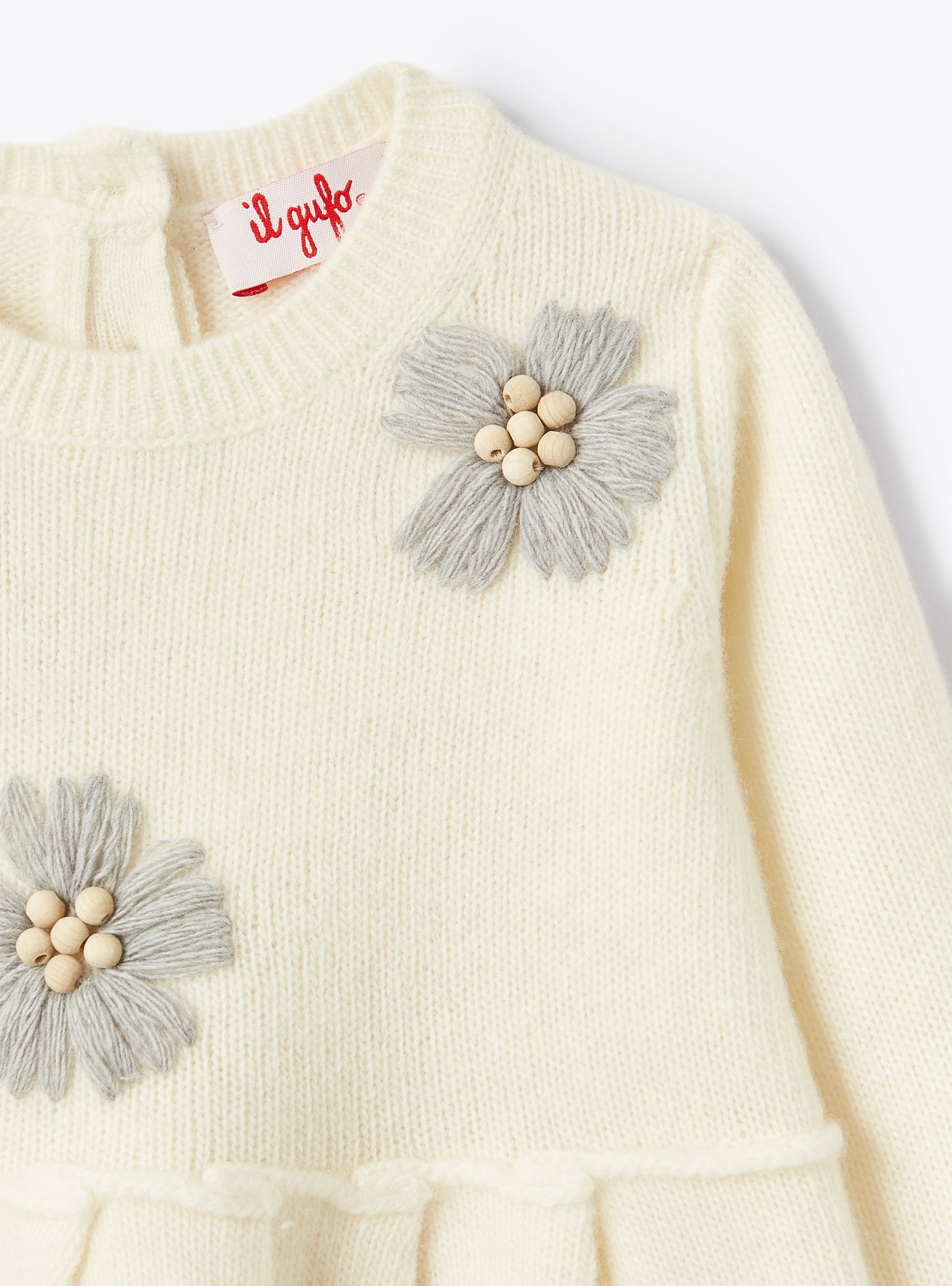 Flower embroidery merino wool dress - White | Il Gufo