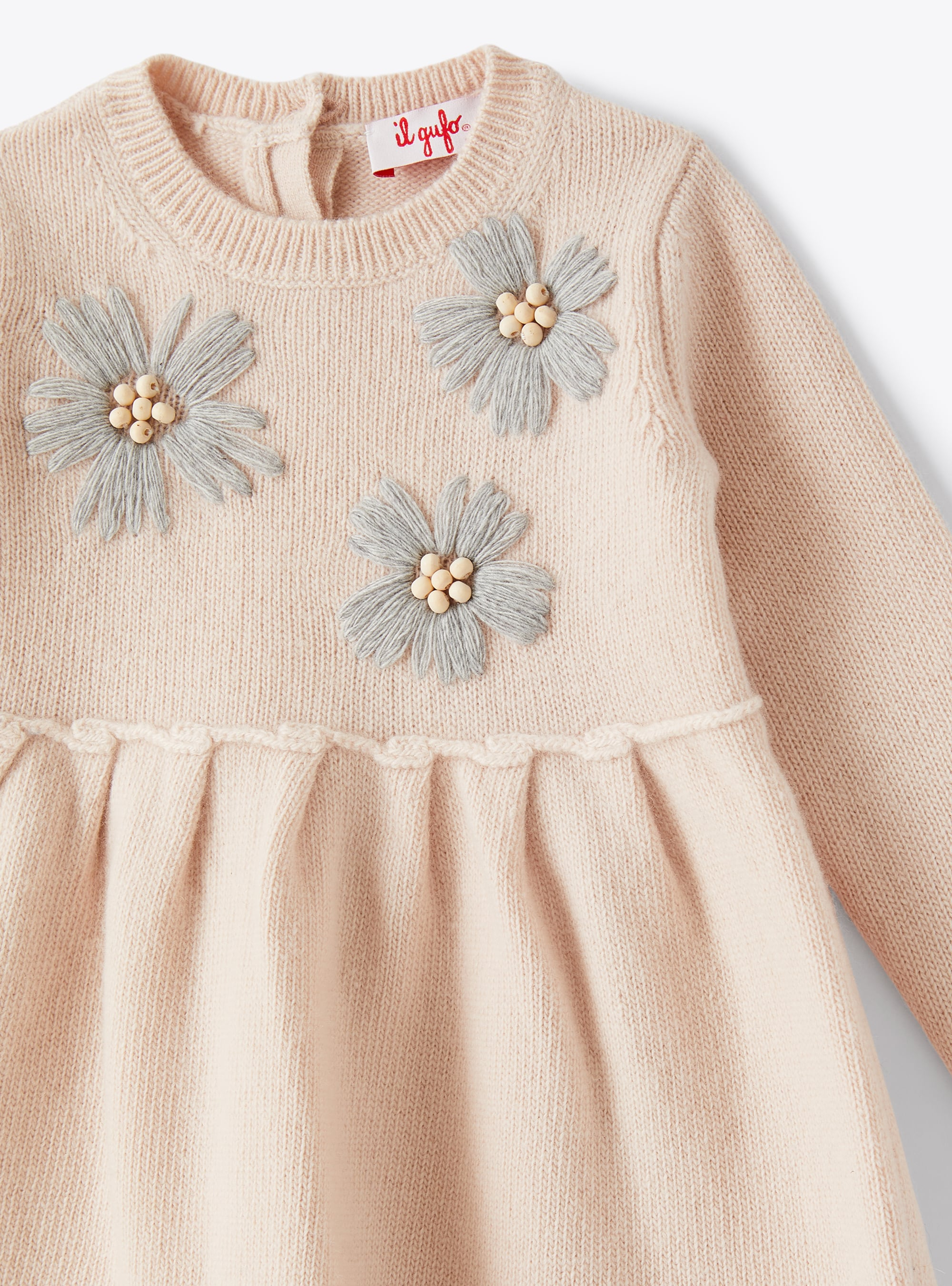 Flower embroidery merino wool dress - Pink | Il Gufo