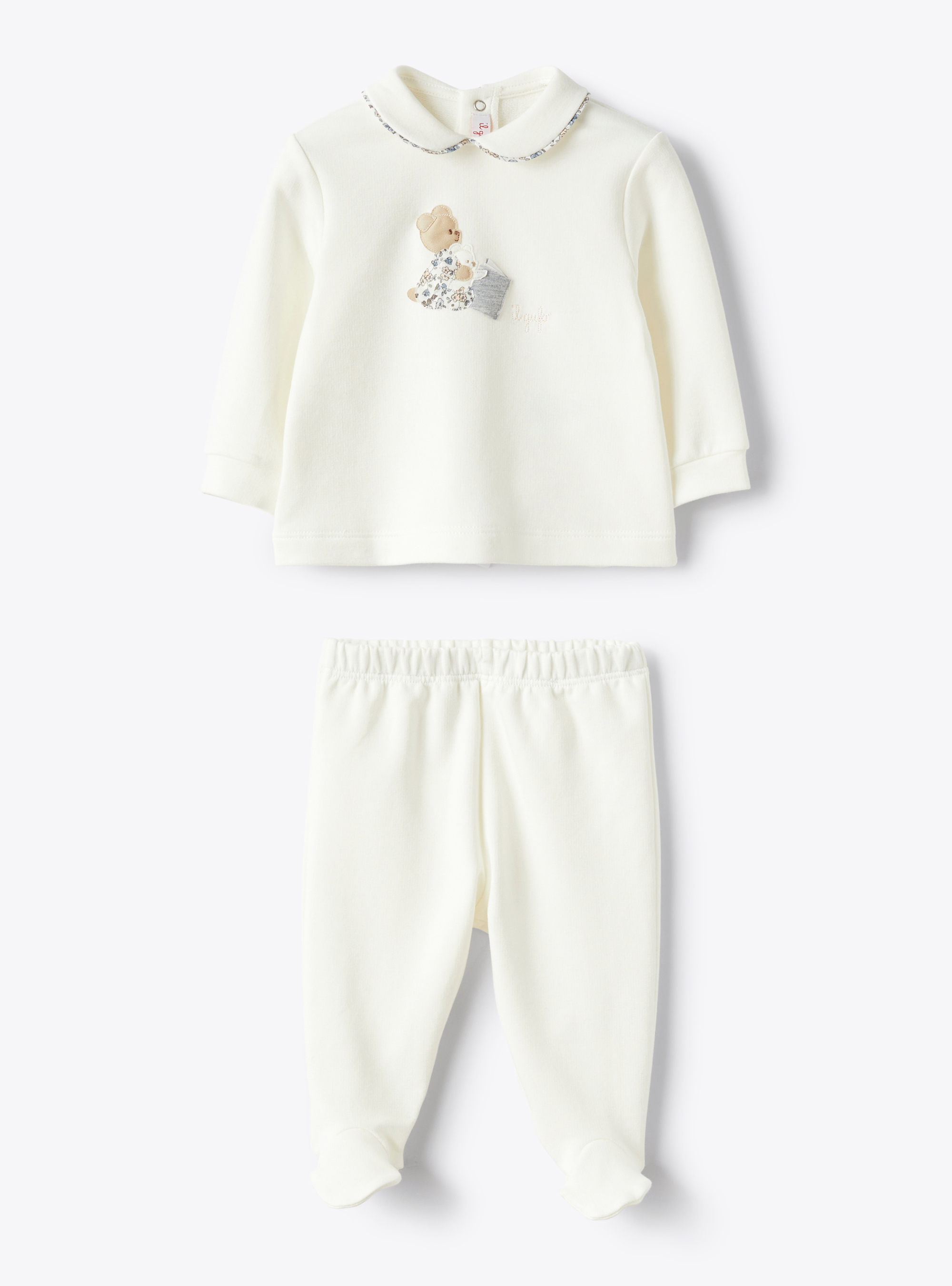Two-piece babysuit in fleece with teddy bear - White | Il Gufo
