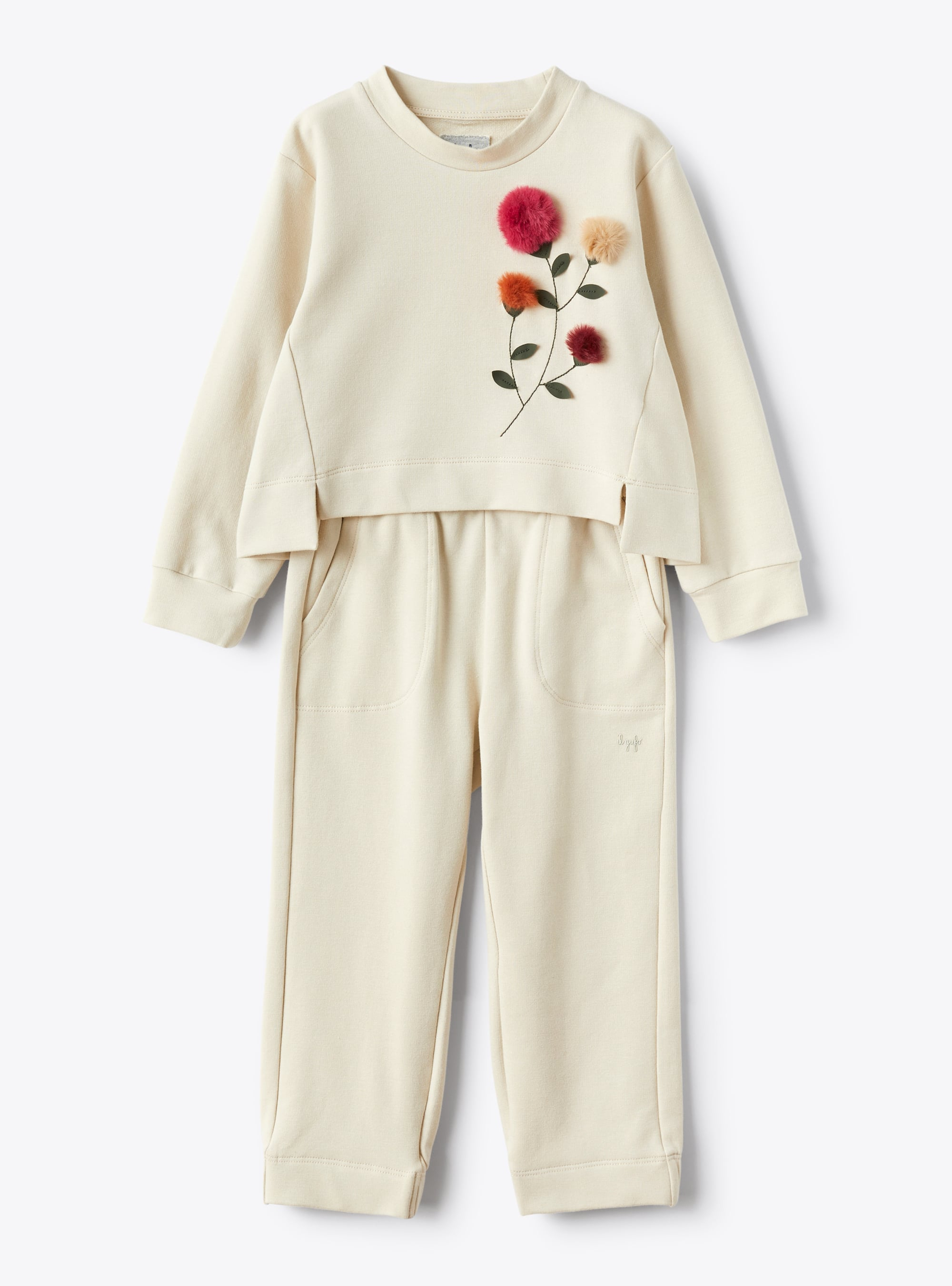 Two-piece set in fleece with embroidered pompom detailing - Beige | Il Gufo
