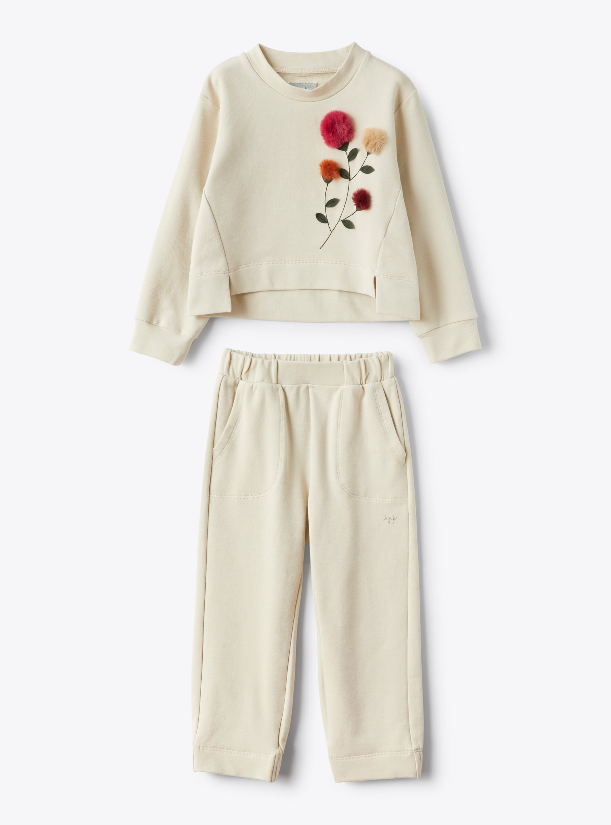 Two-piece set in fleece with embroidered pompom detailing - Beige | Il Gufo