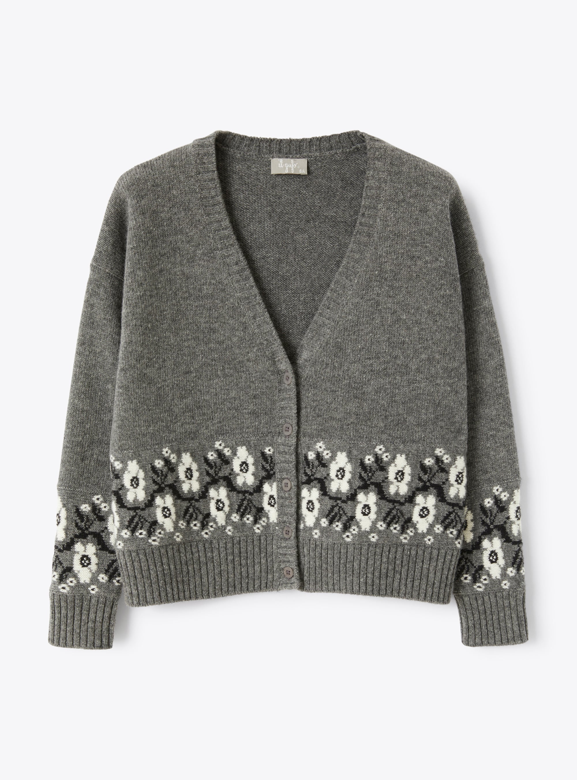 Grey cardigan with inlaid floral pattern - Sweaters - Il Gufo