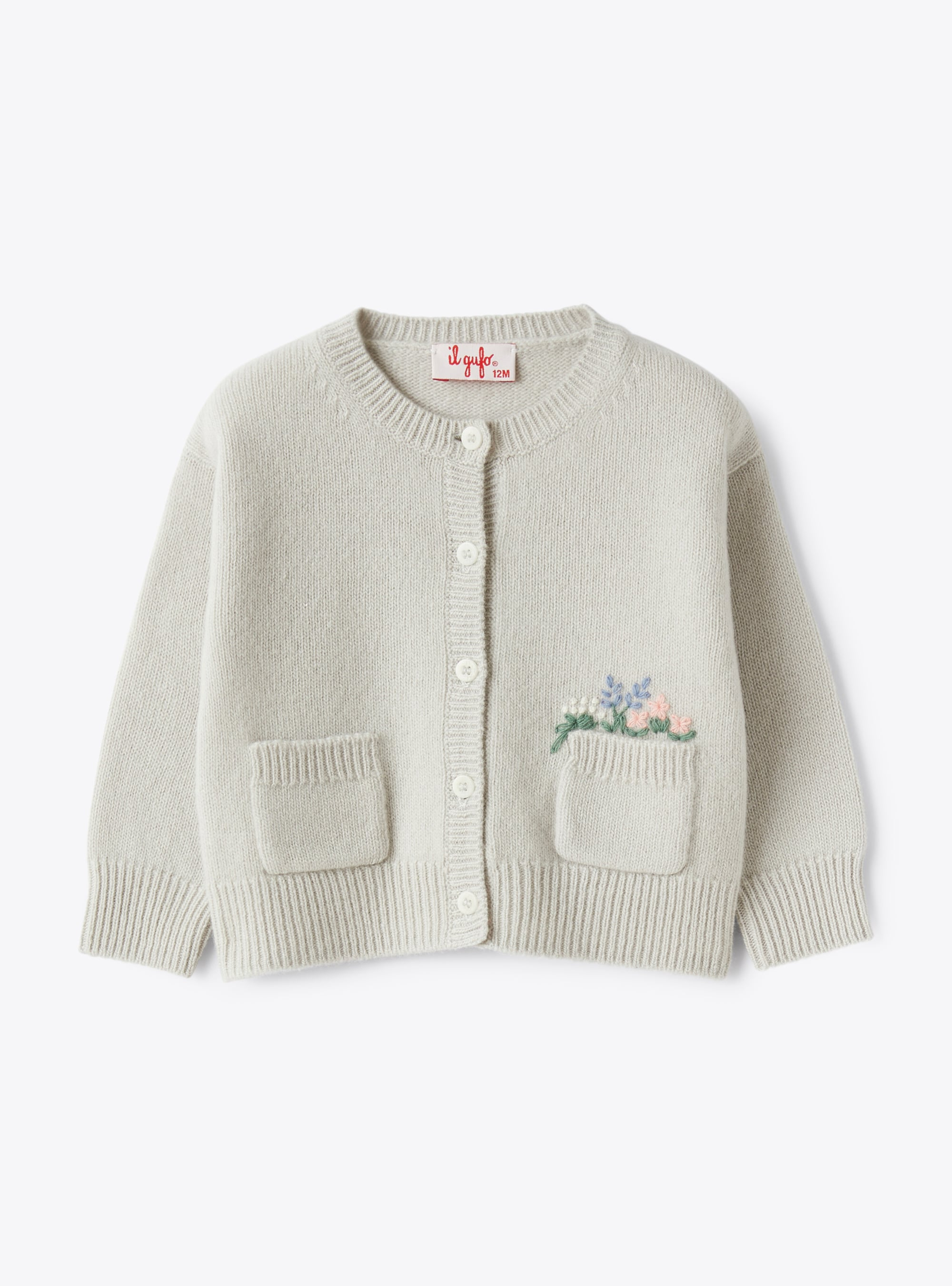 Cardigan en tricot pour bébé fille avec fleurs brodées - Gris | Il Gufo