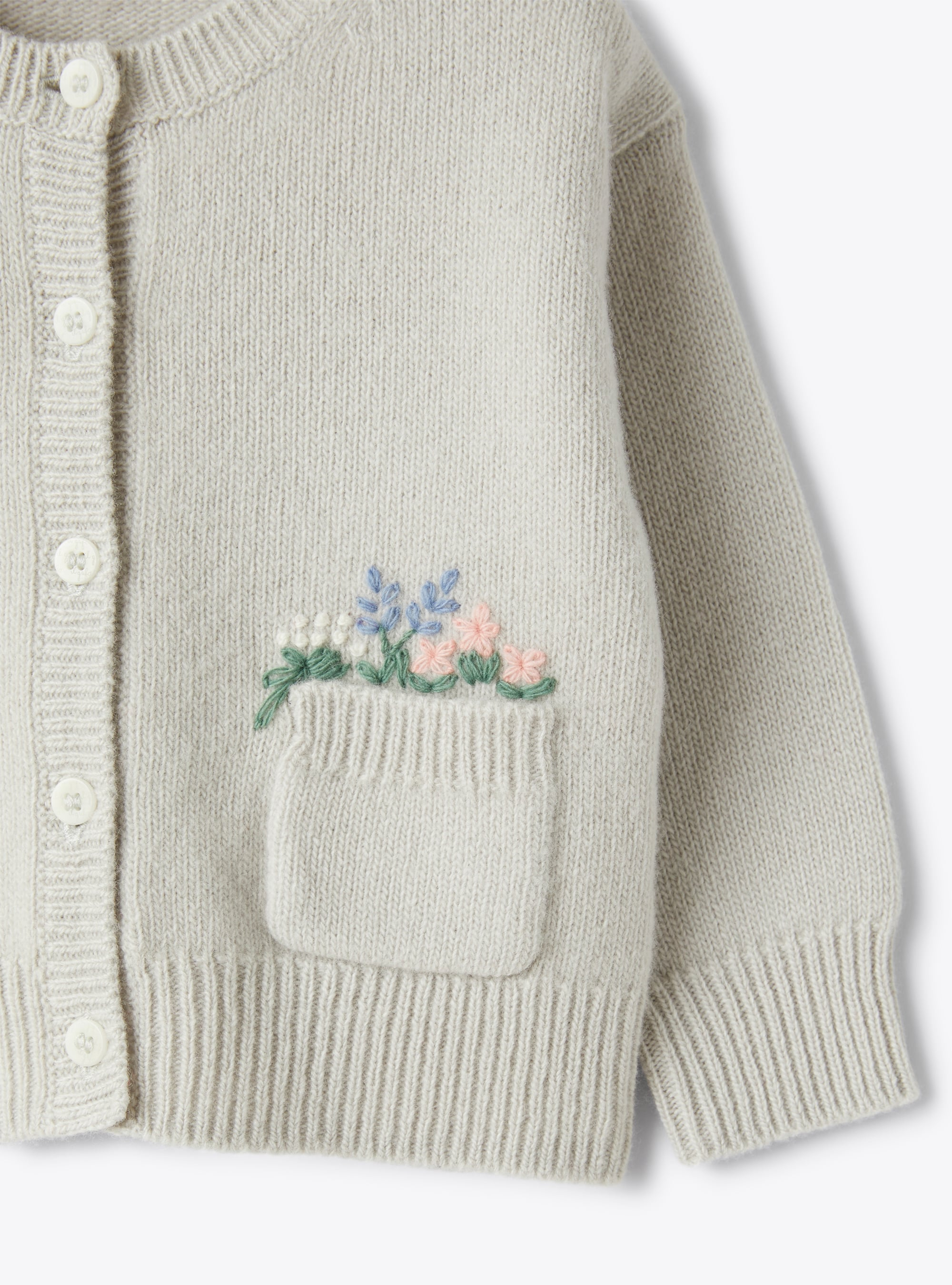 Baby girl’s tricot-knit cardigan with embroidered flowers - Grey | Il Gufo