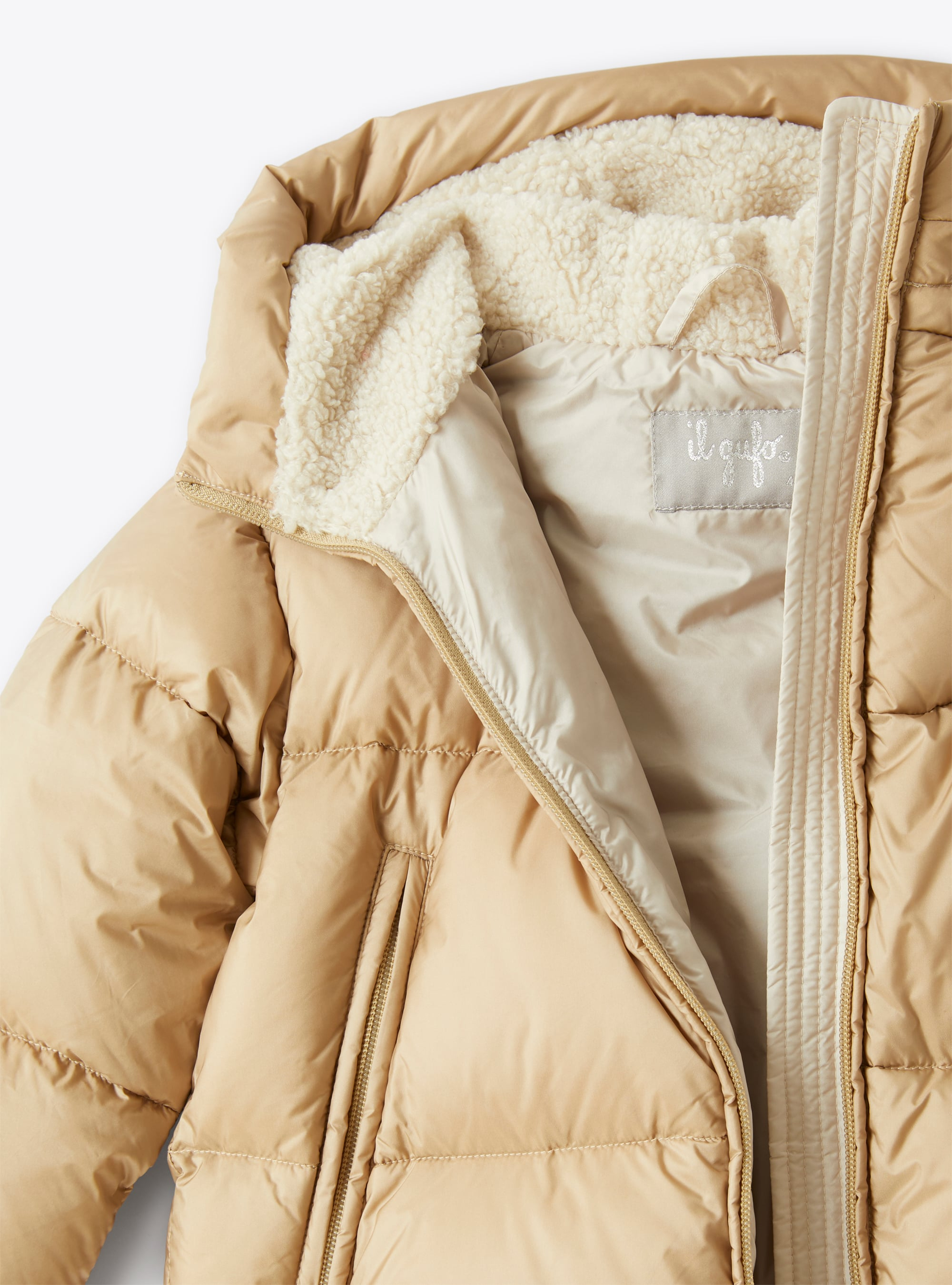 Short down jacket with teddy fleece hood - Brown | Il Gufo