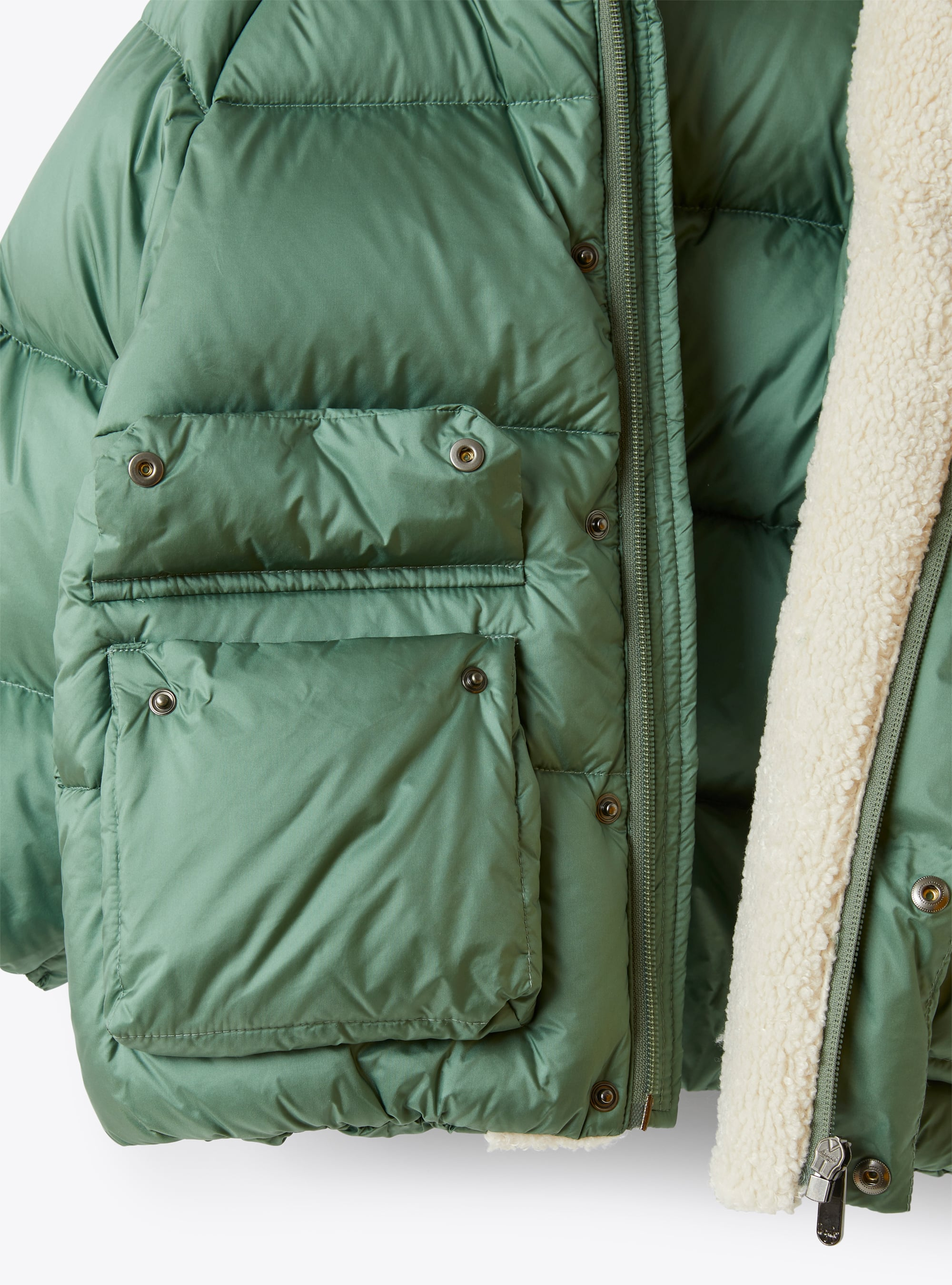 Green down jacket with teddy-fleece detailing - Green | Il Gufo