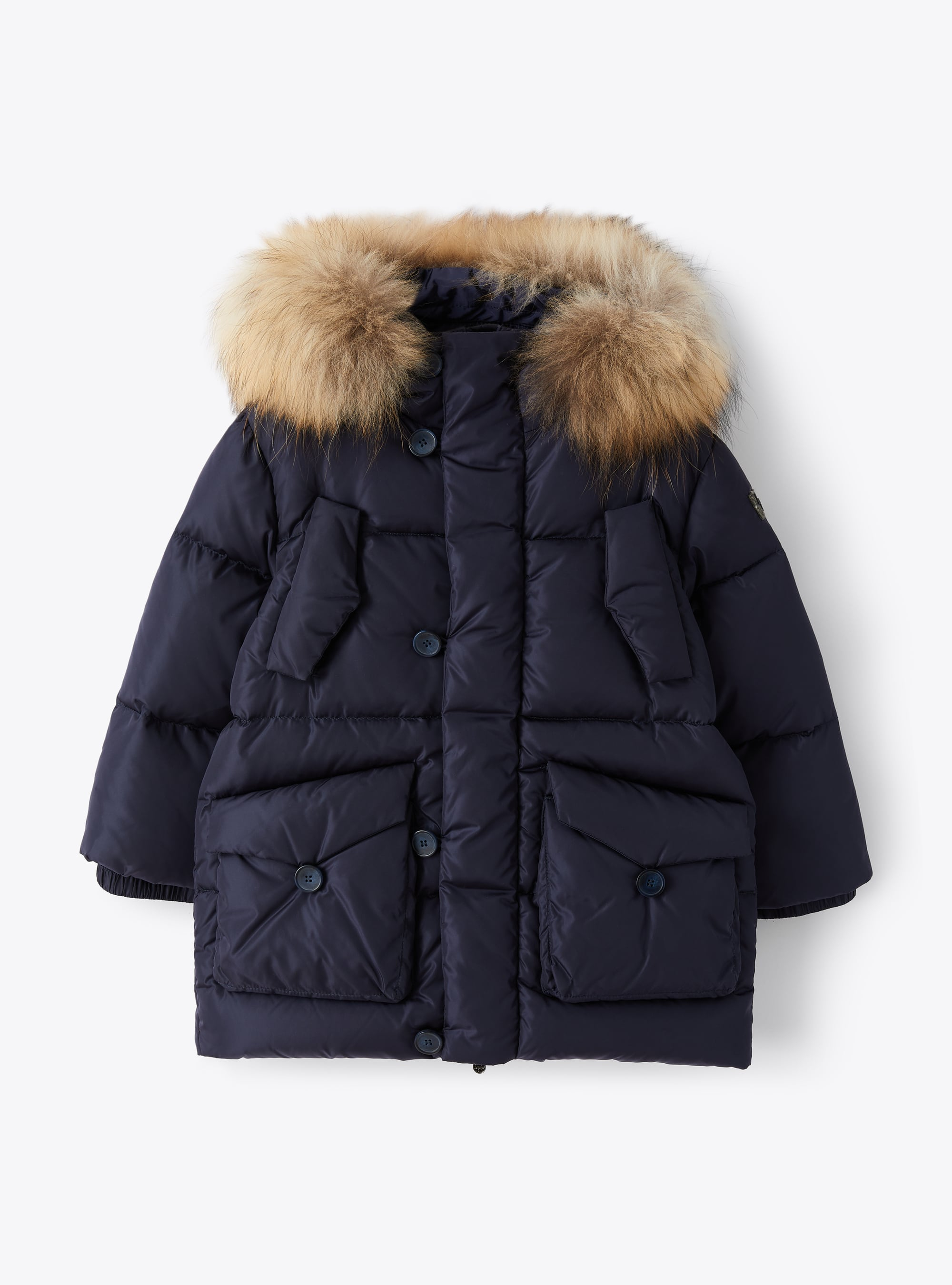 Longline down jacket in blue nylon taffeta with fur trim - Down Jackets - Il Gufo