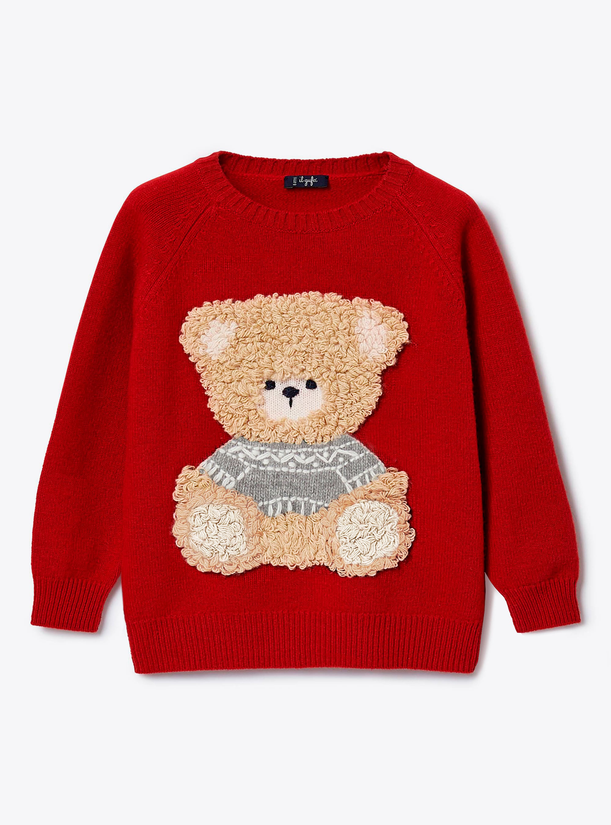 Maglione in lana rossa con orsetto - Maglie - Il Gufo