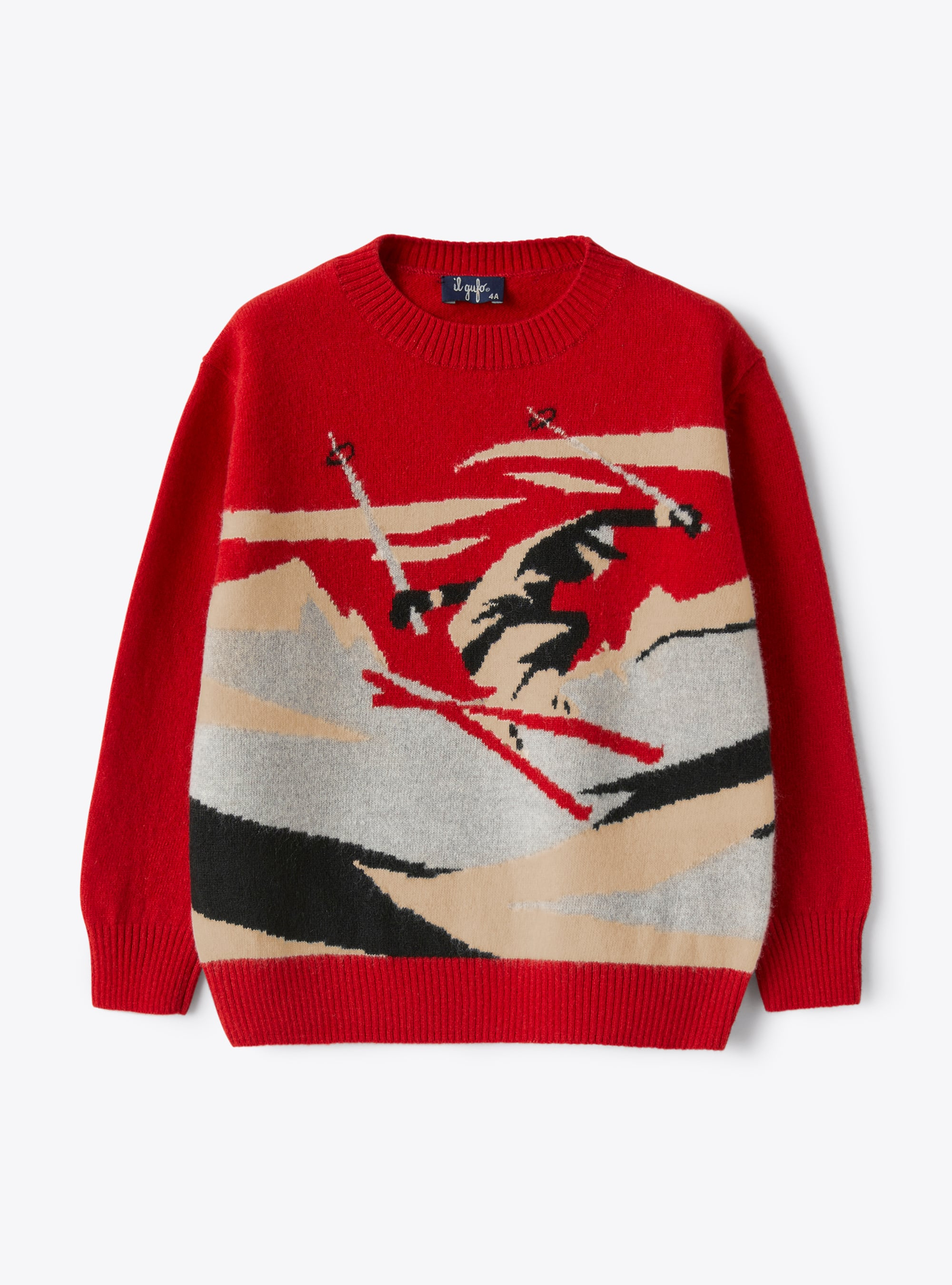 Red merino wool sweater with skier - Sweaters - Il Gufo