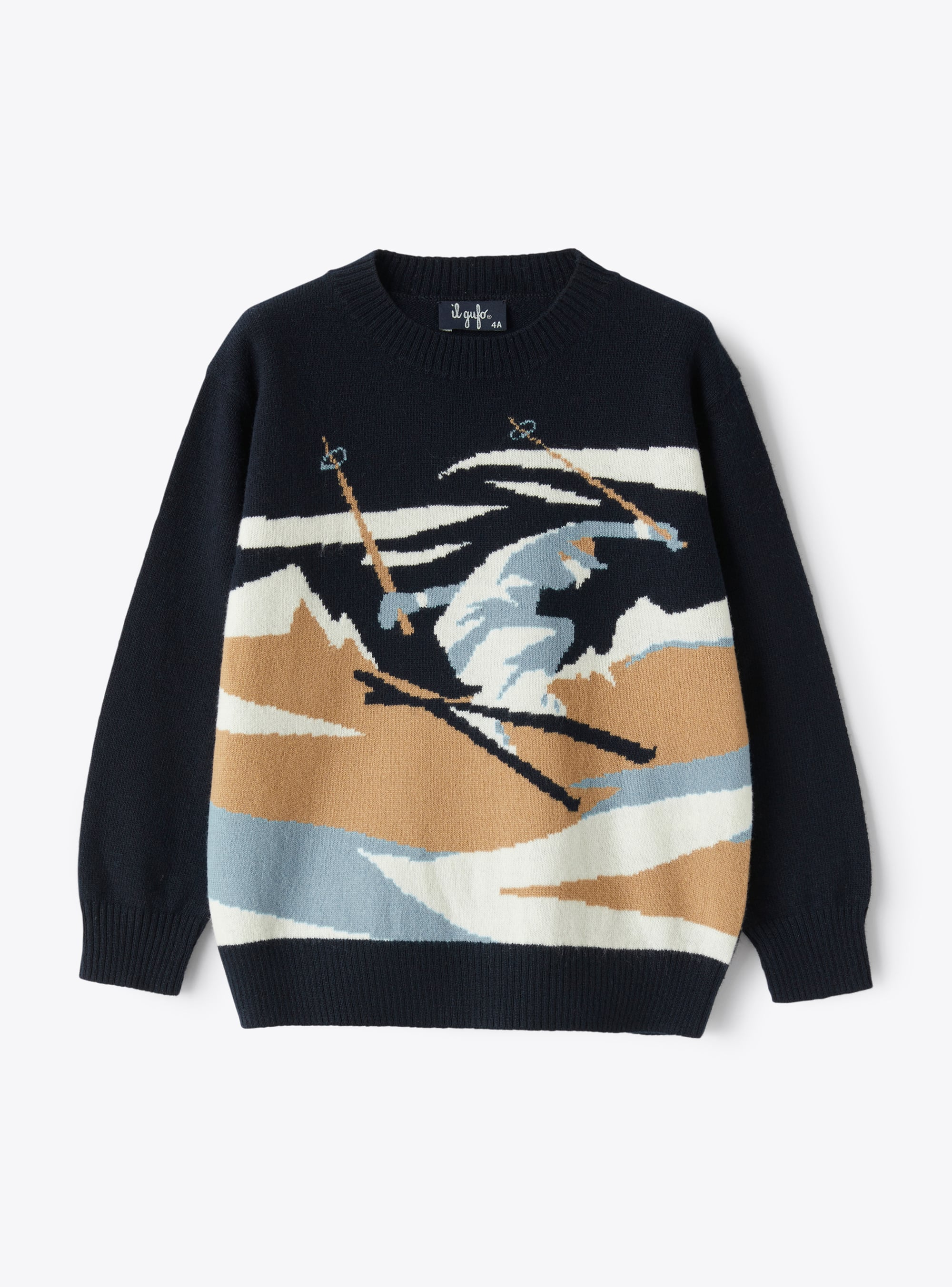 Blue merino wool sweater with skier - Sweaters - Il Gufo
