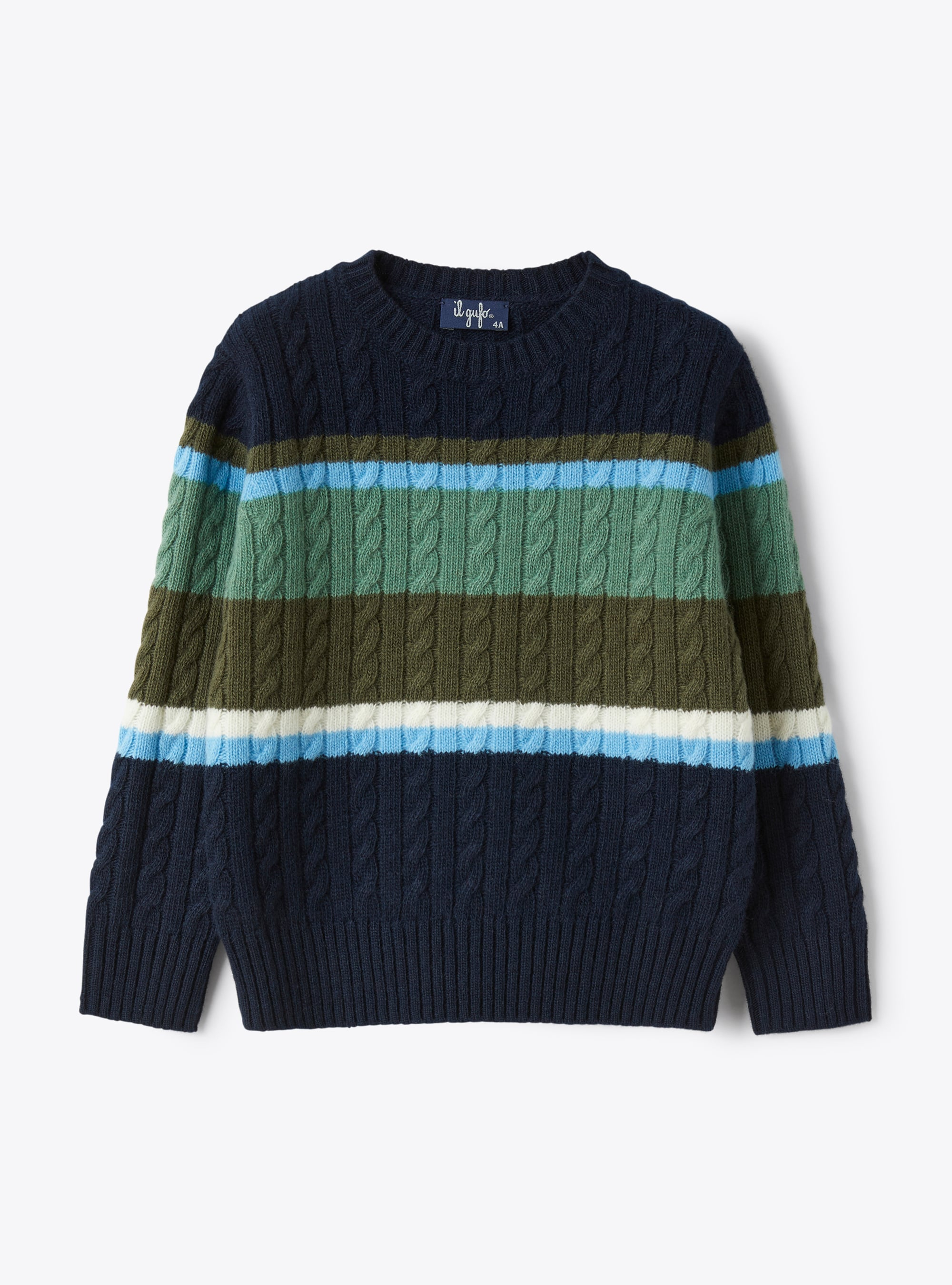 Cable-knit merino sweater with multicoloured stripes - Sweaters - Il Gufo