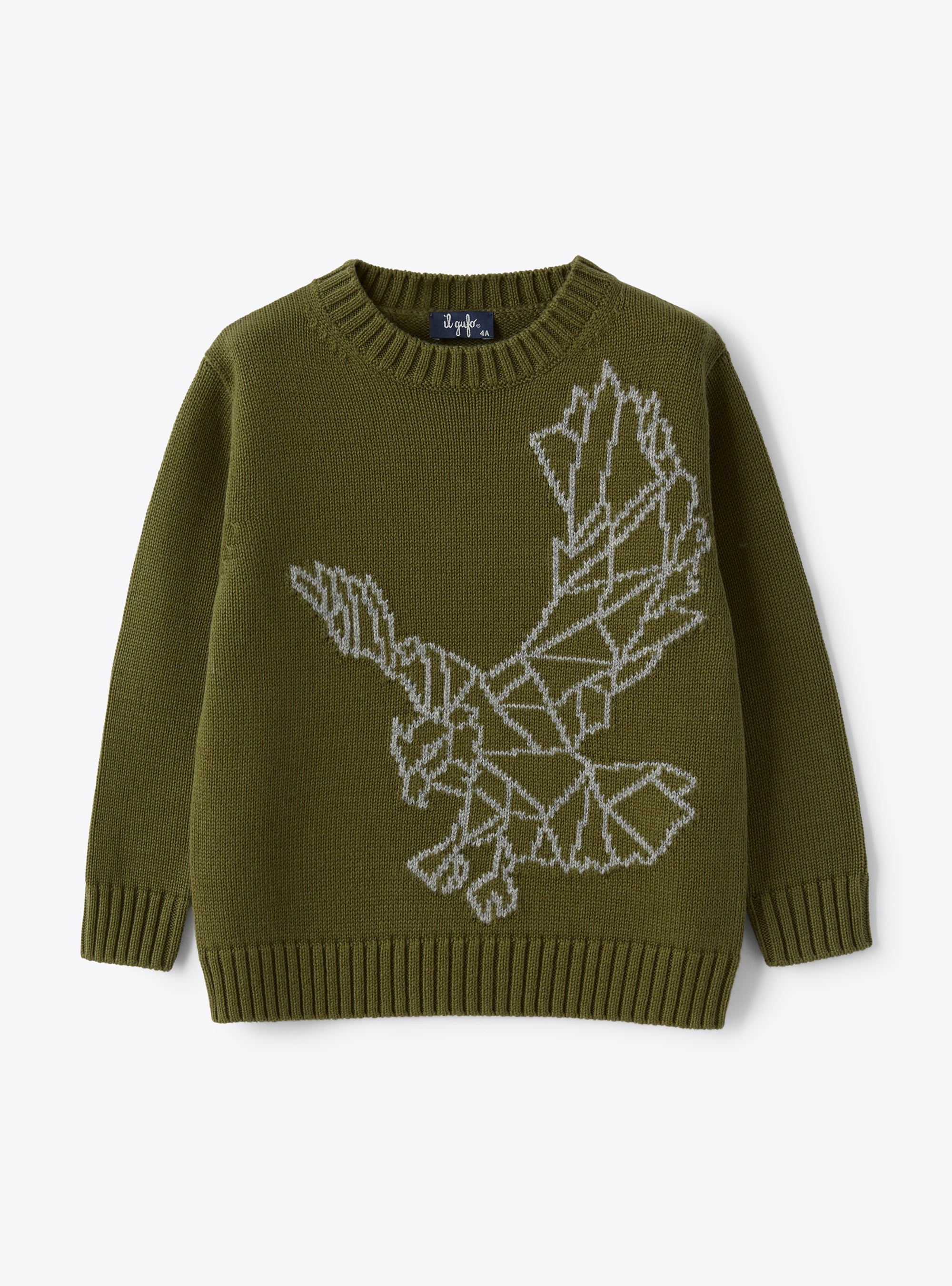 Sweater in organic olive-green cotton with an embroidered eagle - Sweaters - Il Gufo