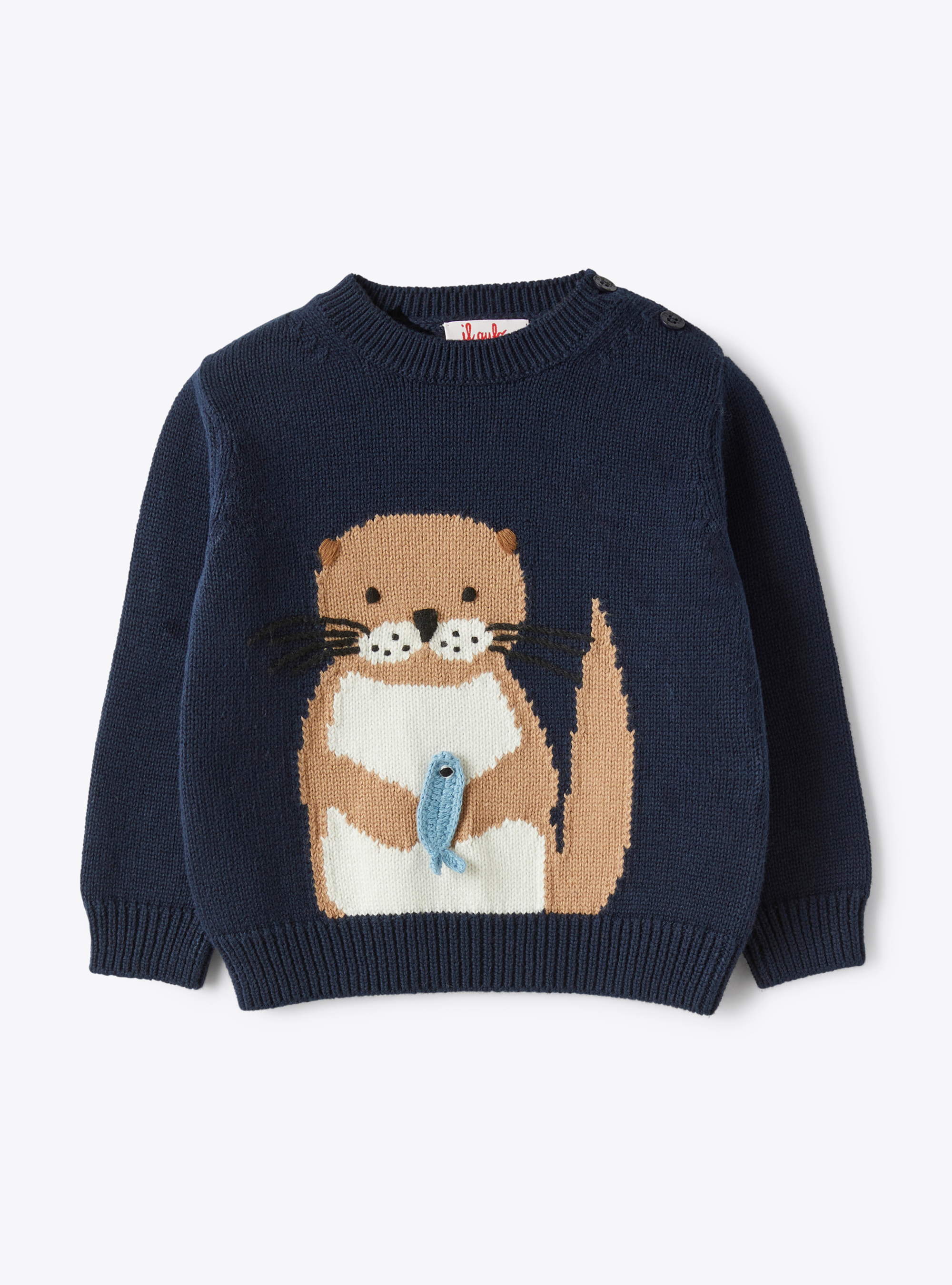 Cotton sweater with embroidered otter - Sweaters - Il Gufo