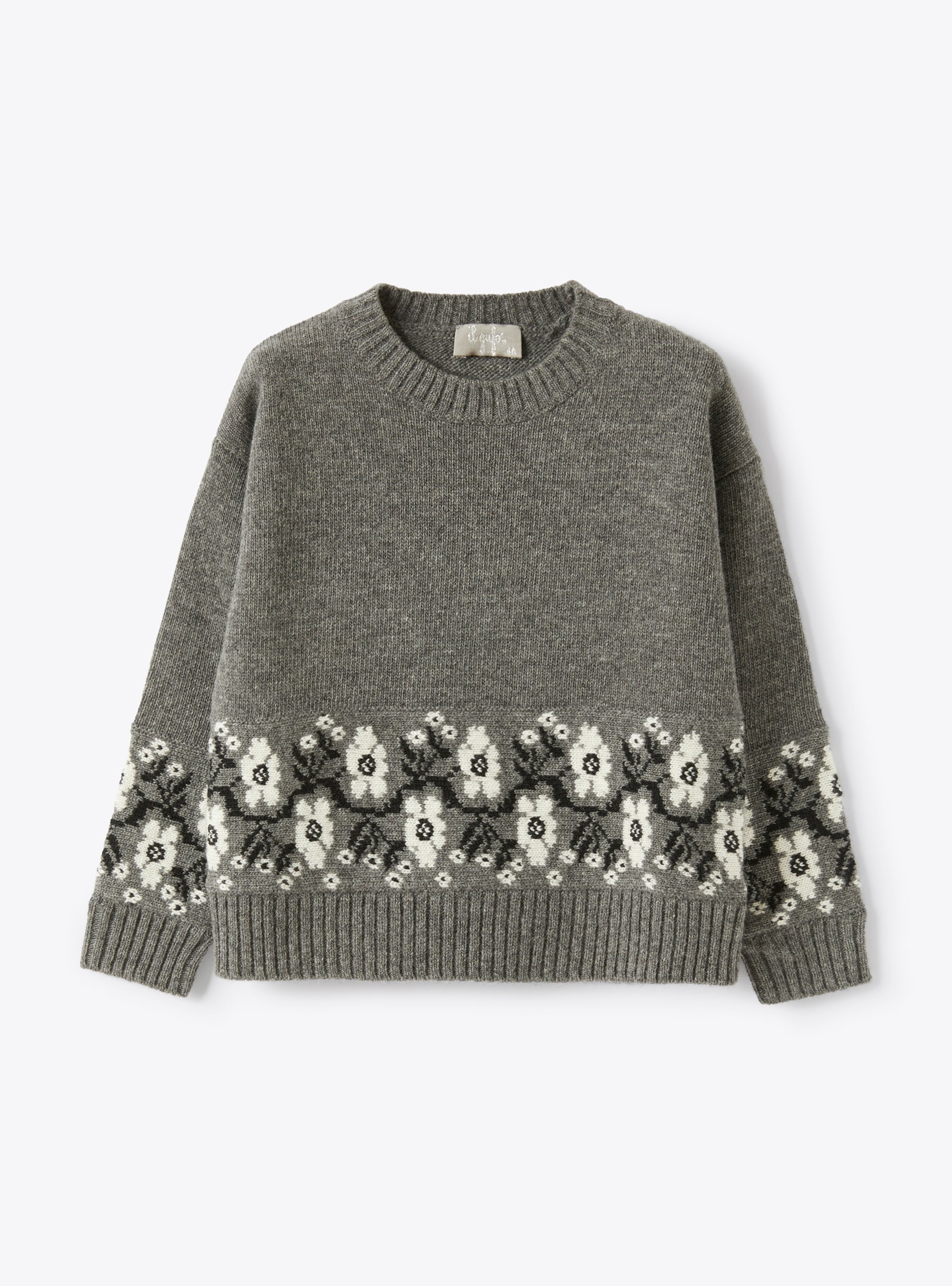 Grey sweater with inlaid floral pattern - Sweaters - Il Gufo