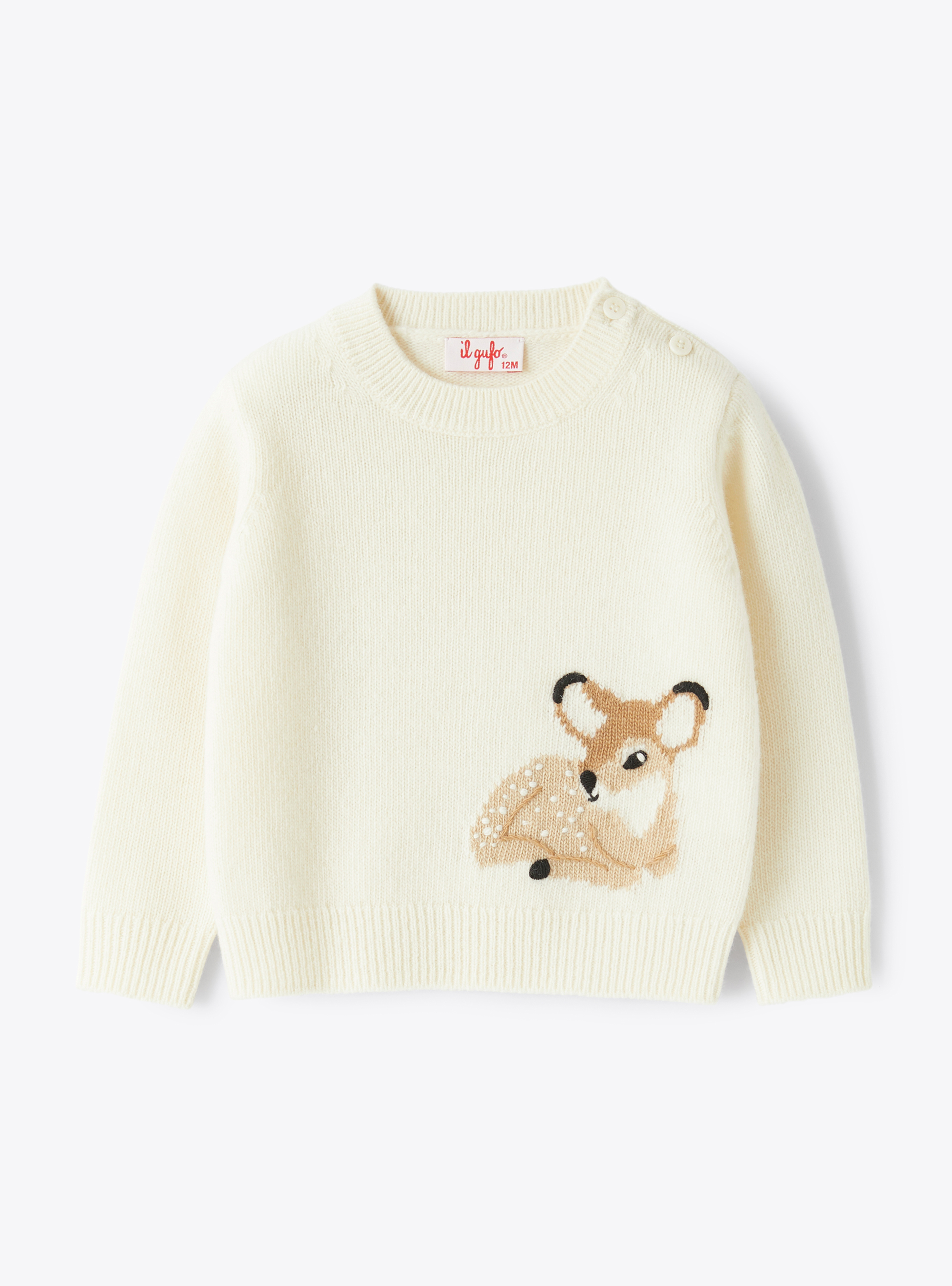 Round-neck sweater with an embroidered fawn - Sweaters - Il Gufo