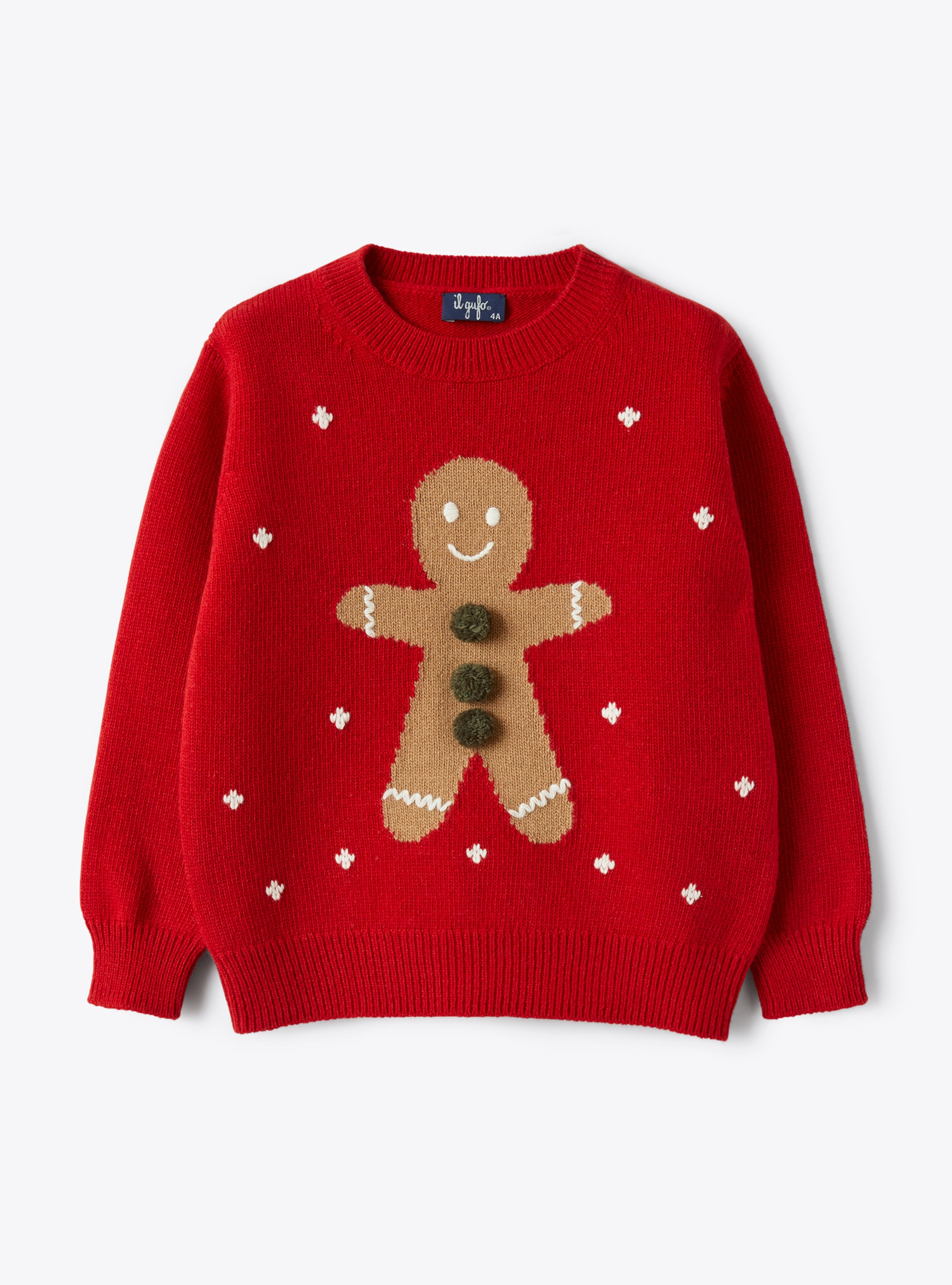 Sweater in red merino wool with gingerbread man - Sweaters - Il Gufo