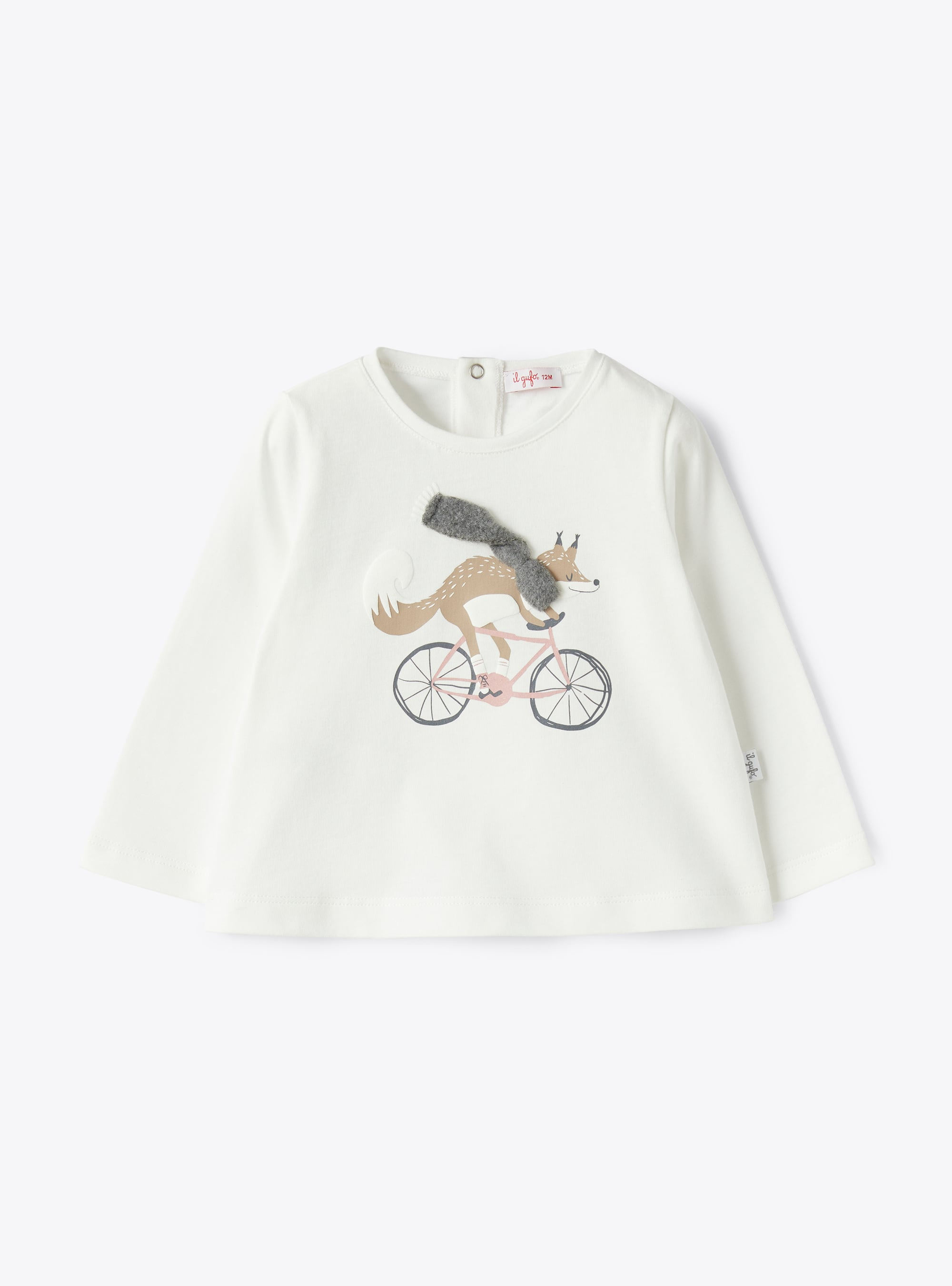 Baby girl’s T-shirt with a fox on a bike print detail - White | Il Gufo