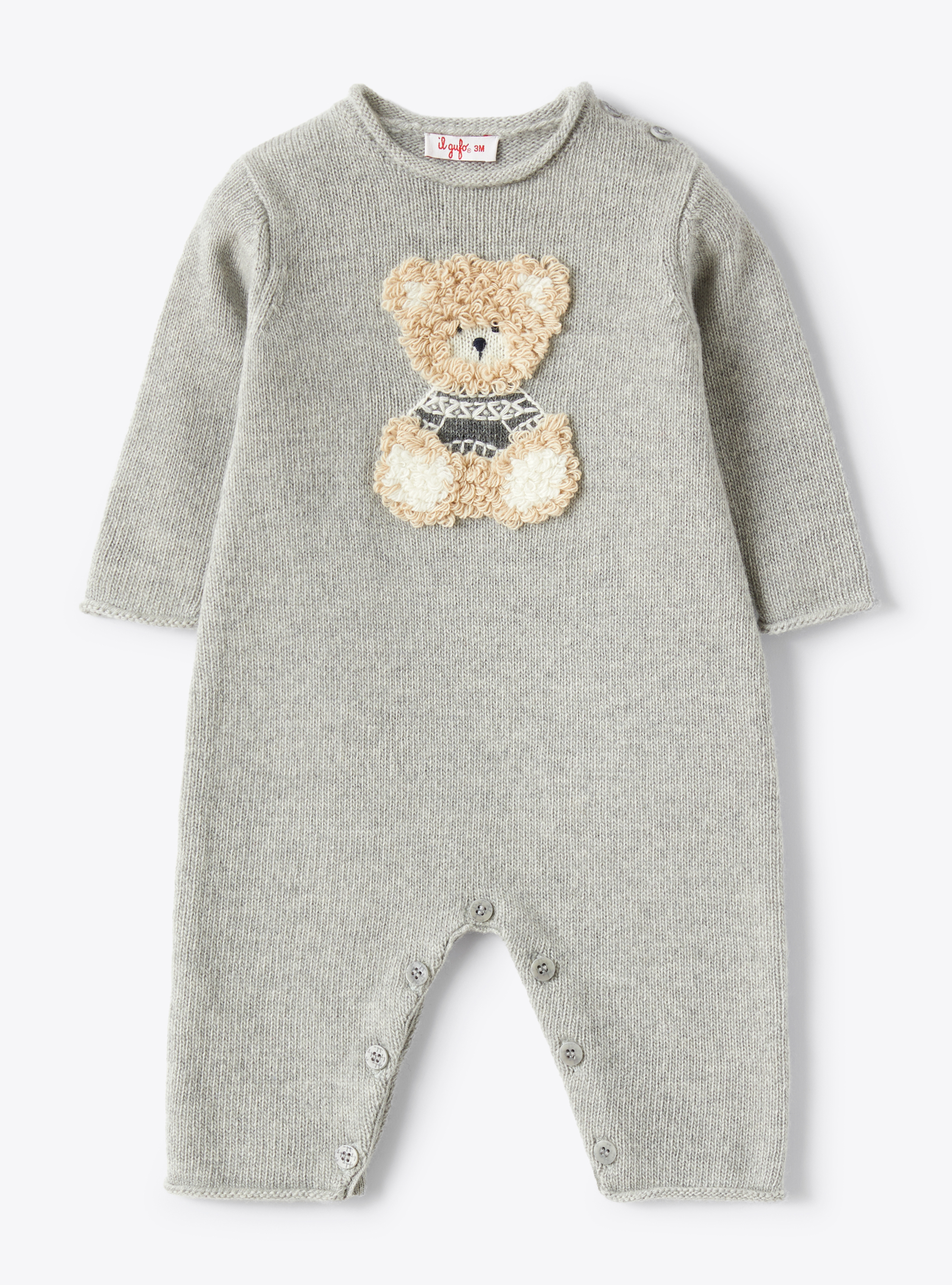 Grey wool playsuit with teddy bear - Babygrows - Il Gufo
