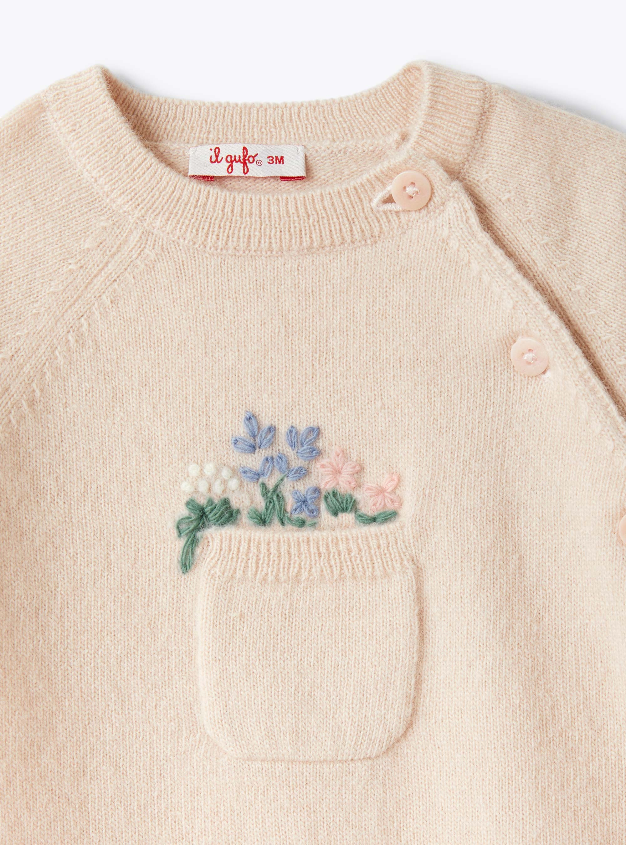 Tricot-knit babysuit with embroidered flowers - Pink | Il Gufo