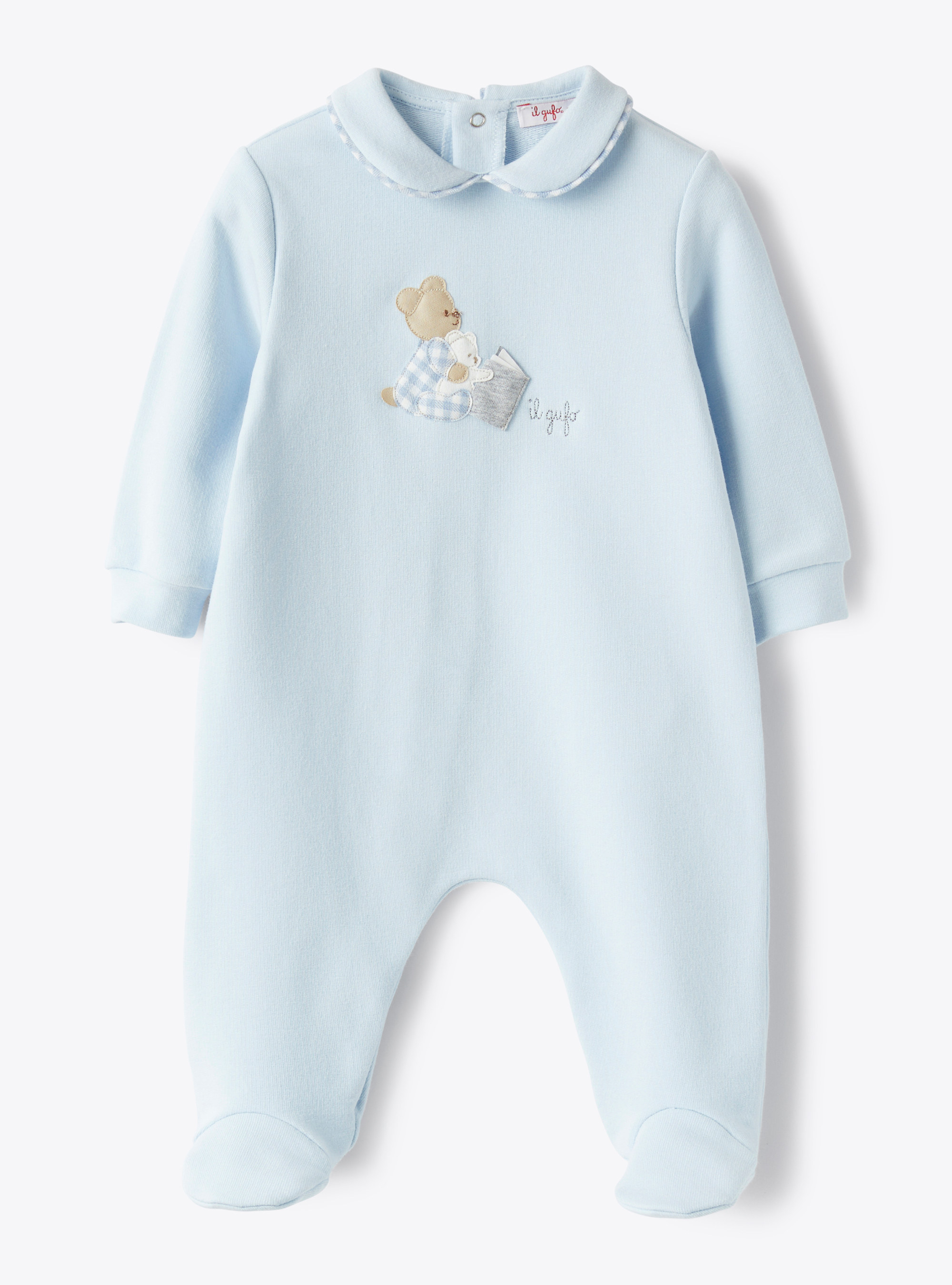 Fleece babysuit with teddy bear - Light blue | Il Gufo