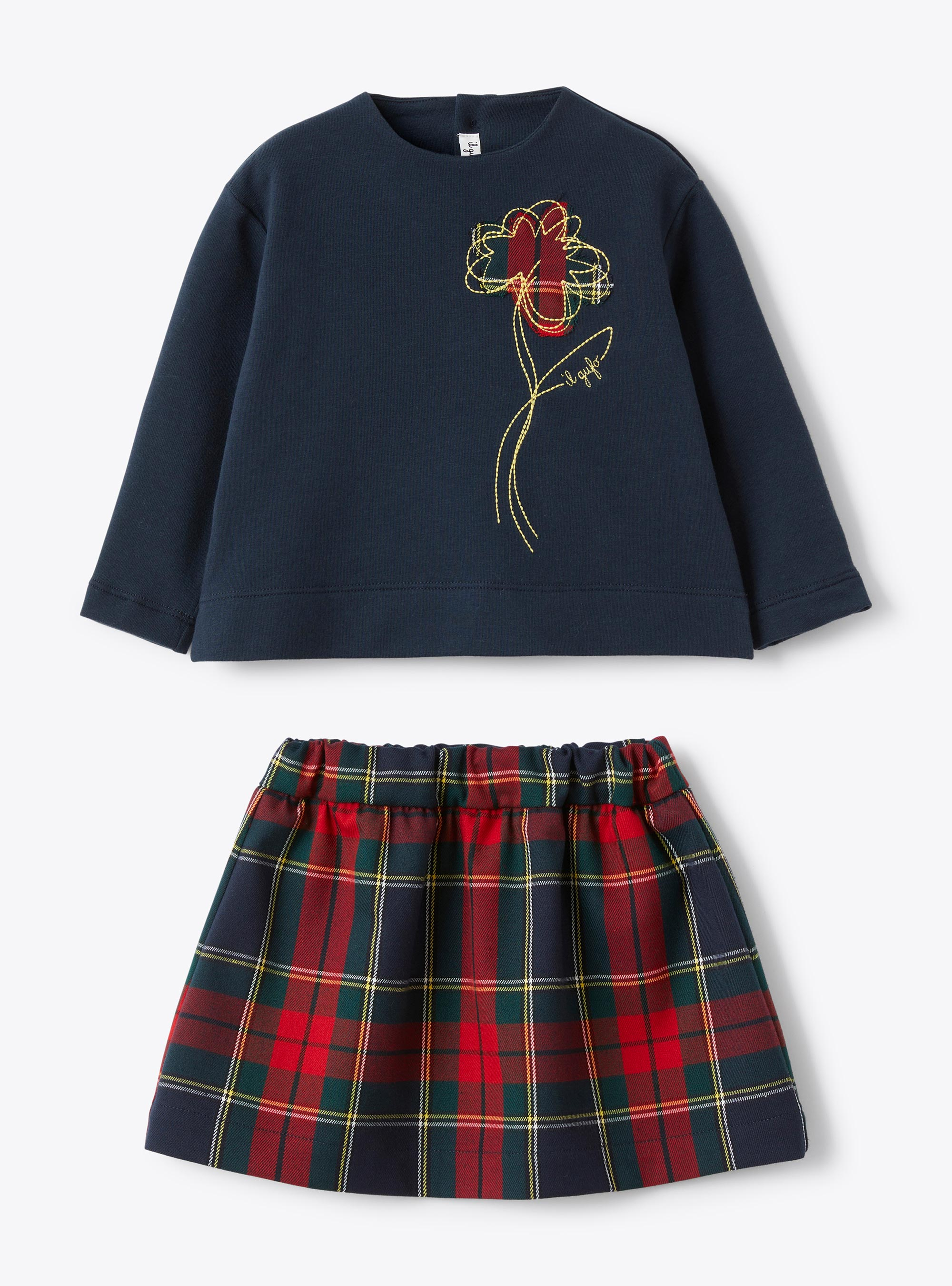 Stretch cotton fleece and techno-wool tartan set - Blue | Il Gufo