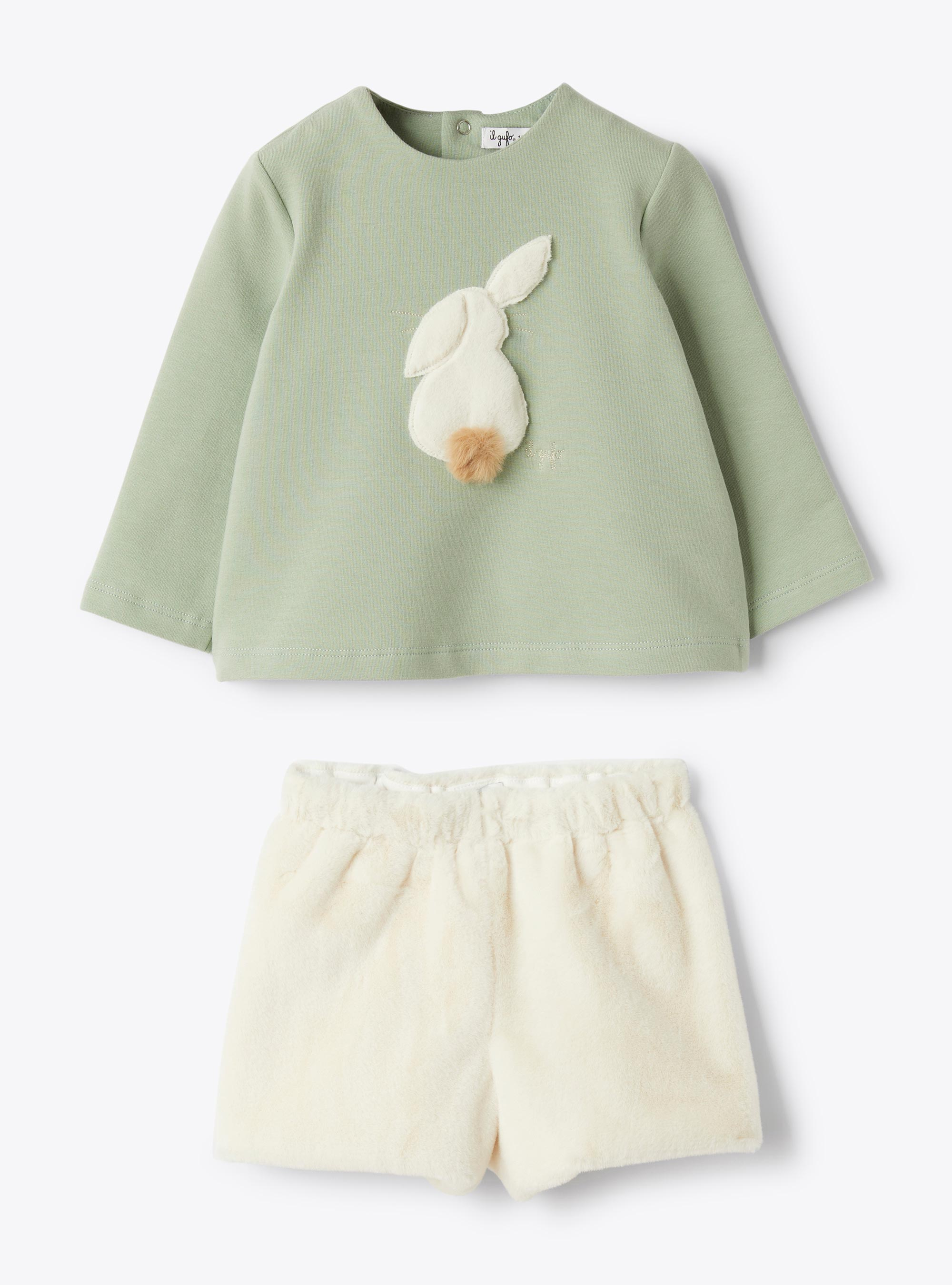 Stretch cotton fleece and eco-fur set - Green | Il Gufo