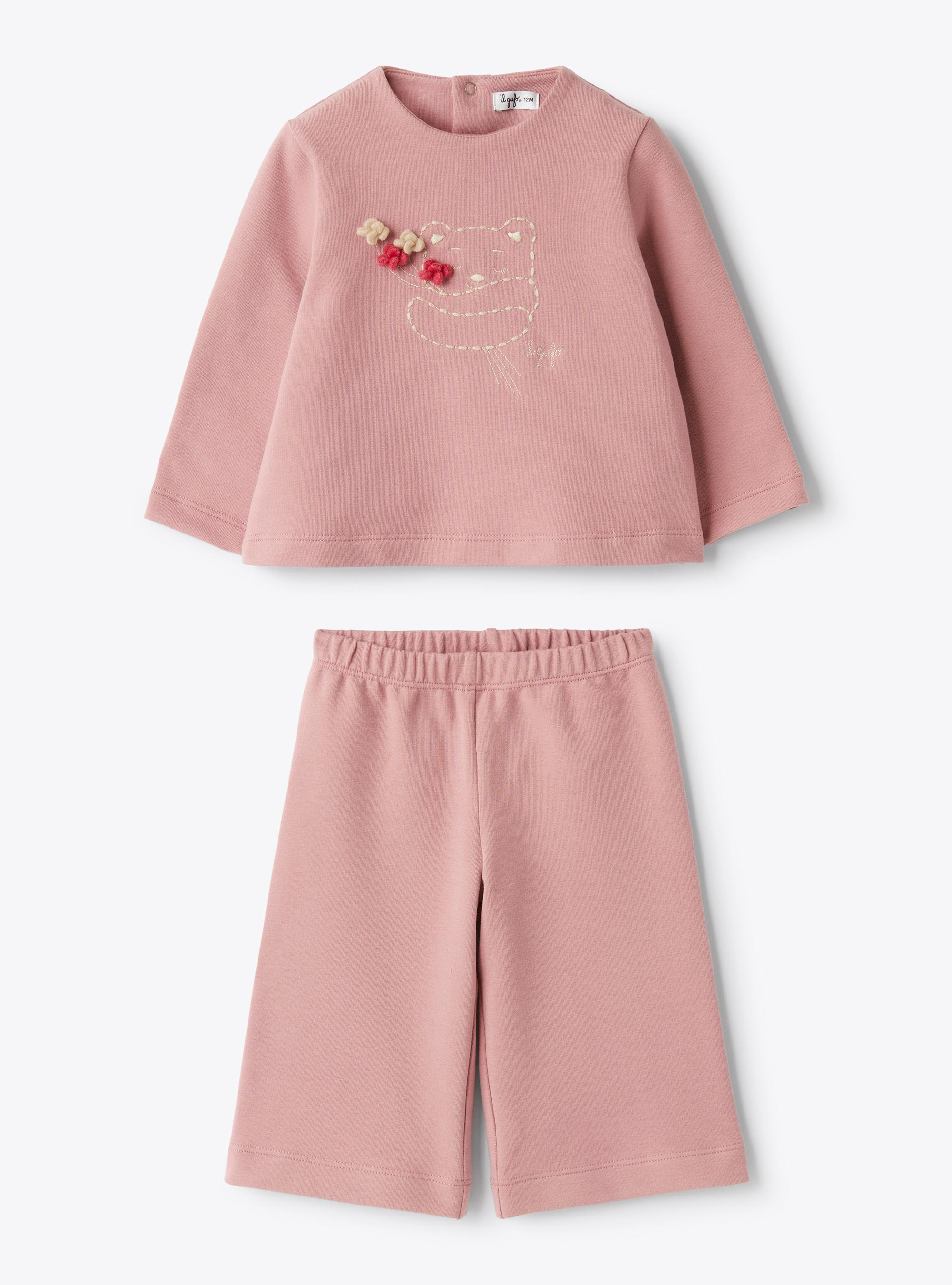 Stretch cotton fleece set with embroidery - Pink | Il Gufo