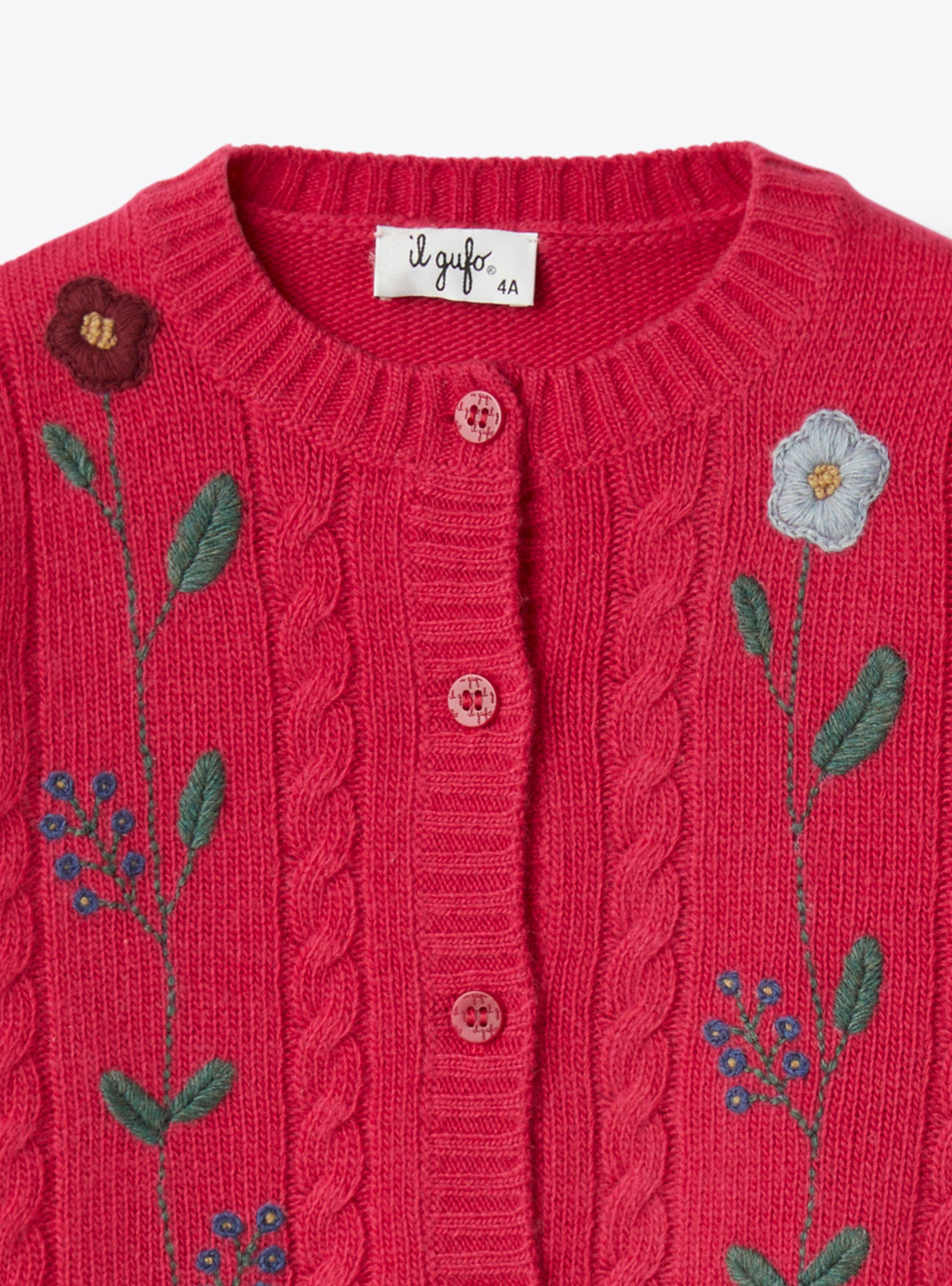 Wool cardigan with embroidered flowers - Fuchsia | Il Gufo