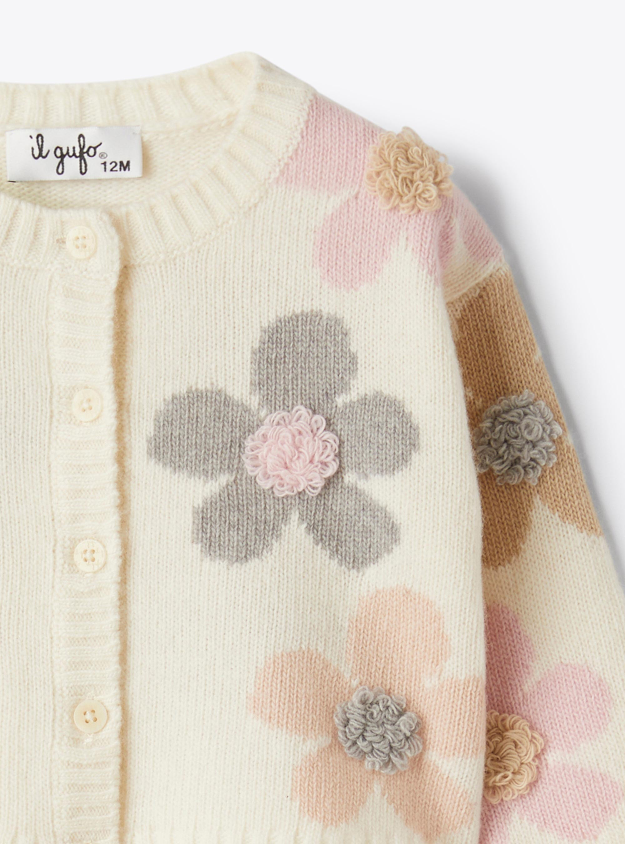 Wool cardigan with flowers - White | Il Gufo